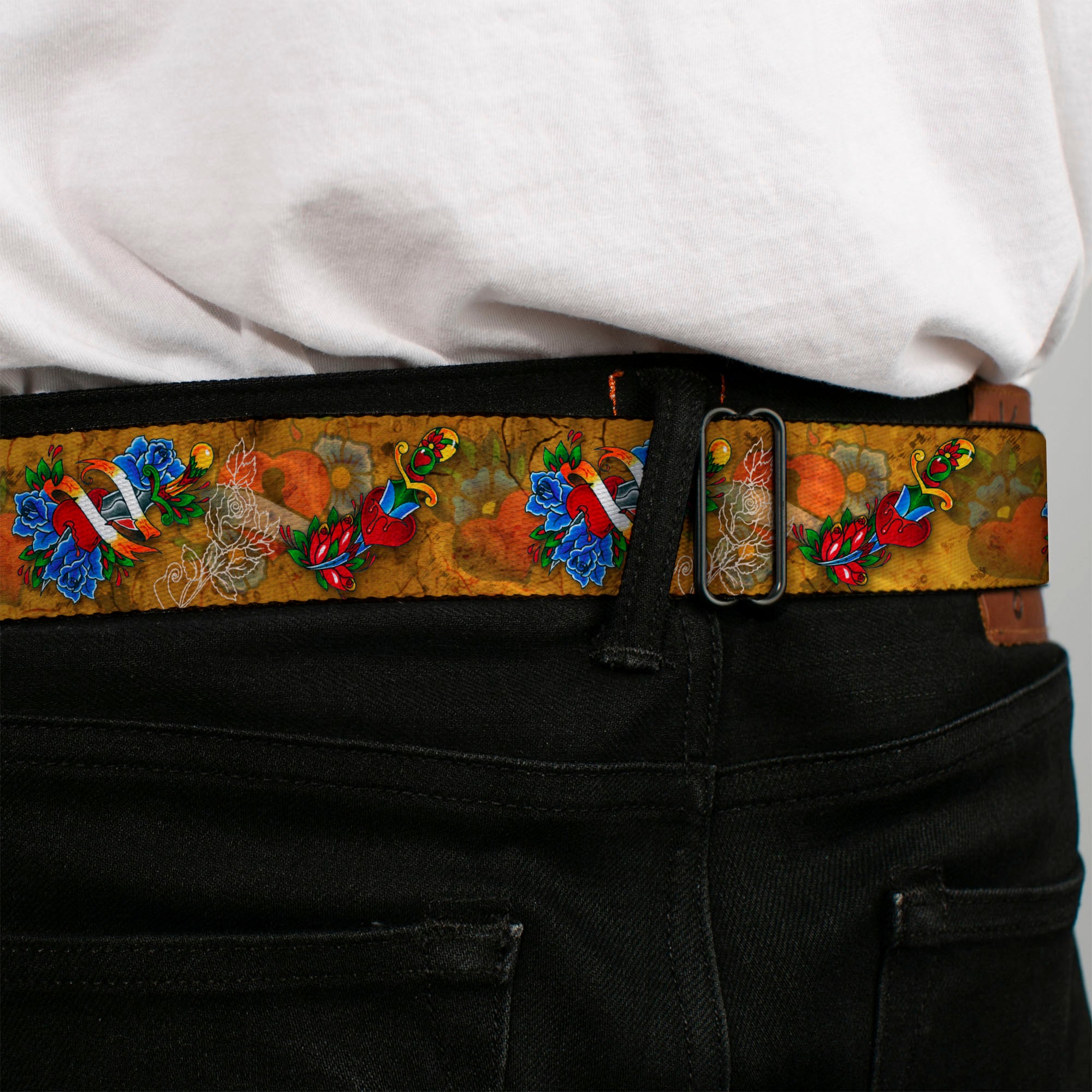 BD Wings Logo CLOSE-UP Full Color Black Silver Seatbelt Belt - TJ-Hearts & Roses Webbing Seatbelt Belts Tattoo Johnny
