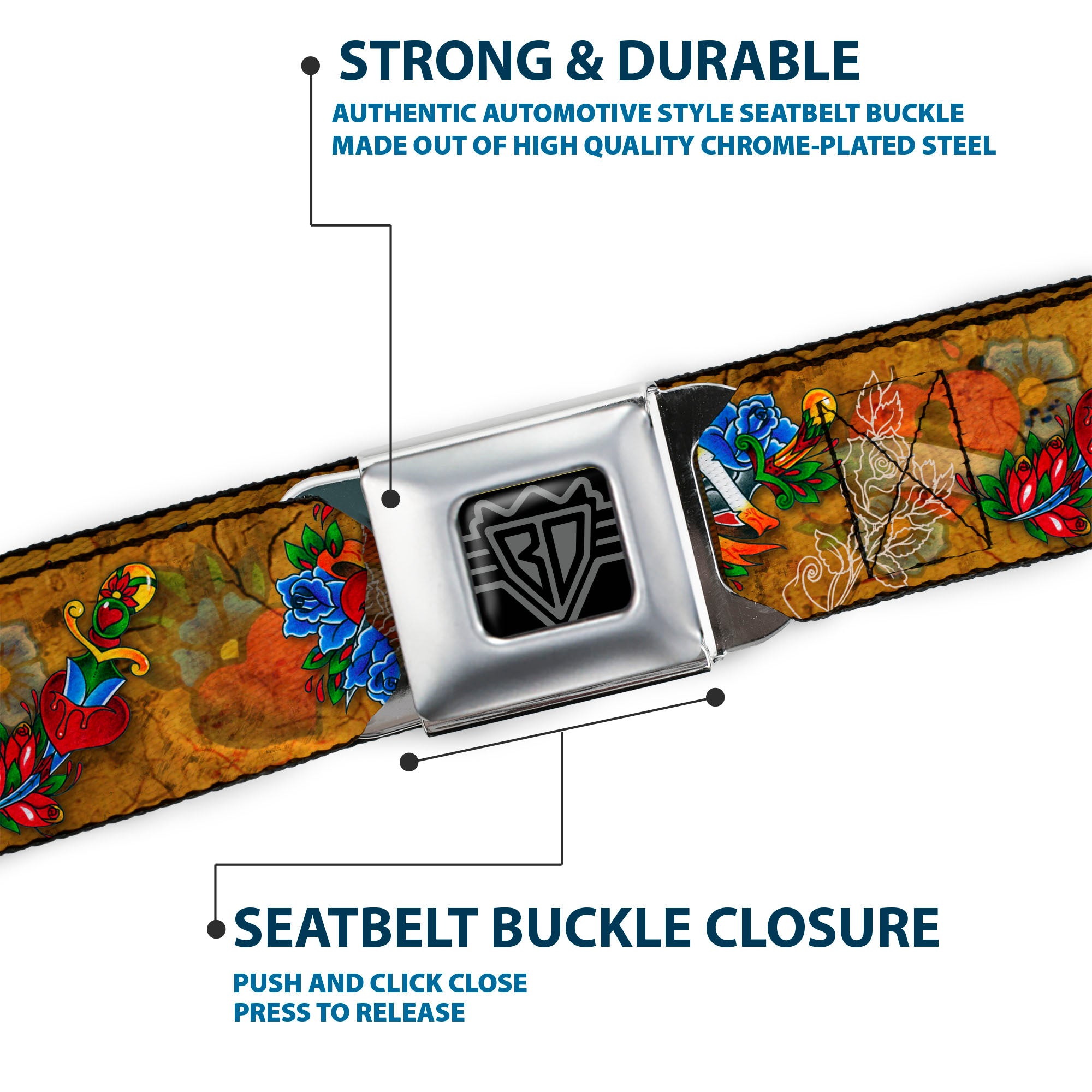 BD Wings Logo CLOSE-UP Full Color Black Silver Seatbelt Belt - TJ-Hearts & Roses Webbing Seatbelt Belts Tattoo Johnny