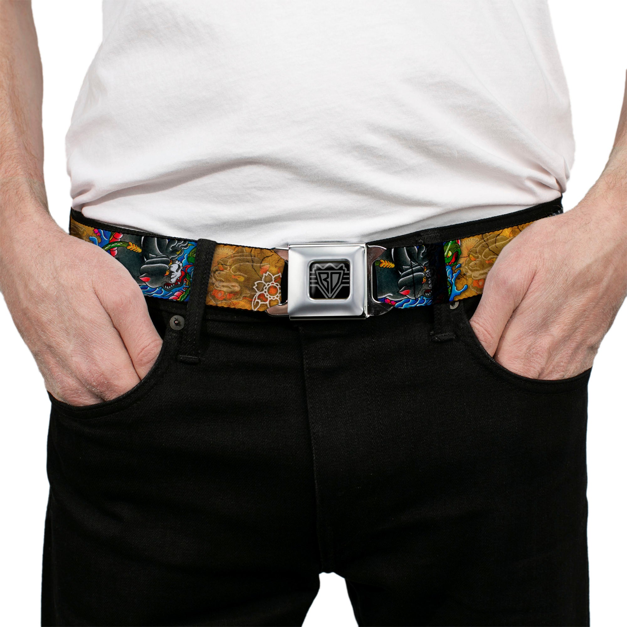 BD Wings Logo CLOSE-UP Full Color Black Silver Seatbelt Belt - TJ-Panther Webbing Seatbelt Belts Tattoo Johnny