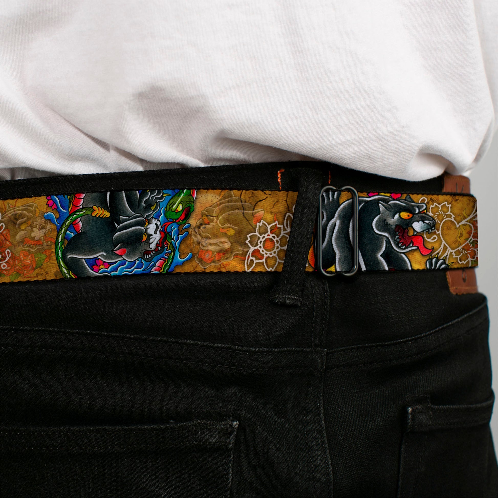 BD Wings Logo CLOSE-UP Full Color Black Silver Seatbelt Belt - TJ-Panther Webbing Seatbelt Belts Tattoo Johnny