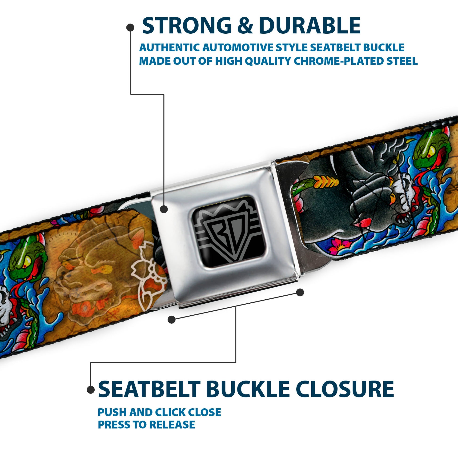 BD Wings Logo CLOSE-UP Full Color Black Silver Seatbelt Belt - TJ-Panther Webbing Seatbelt Belts Tattoo Johnny