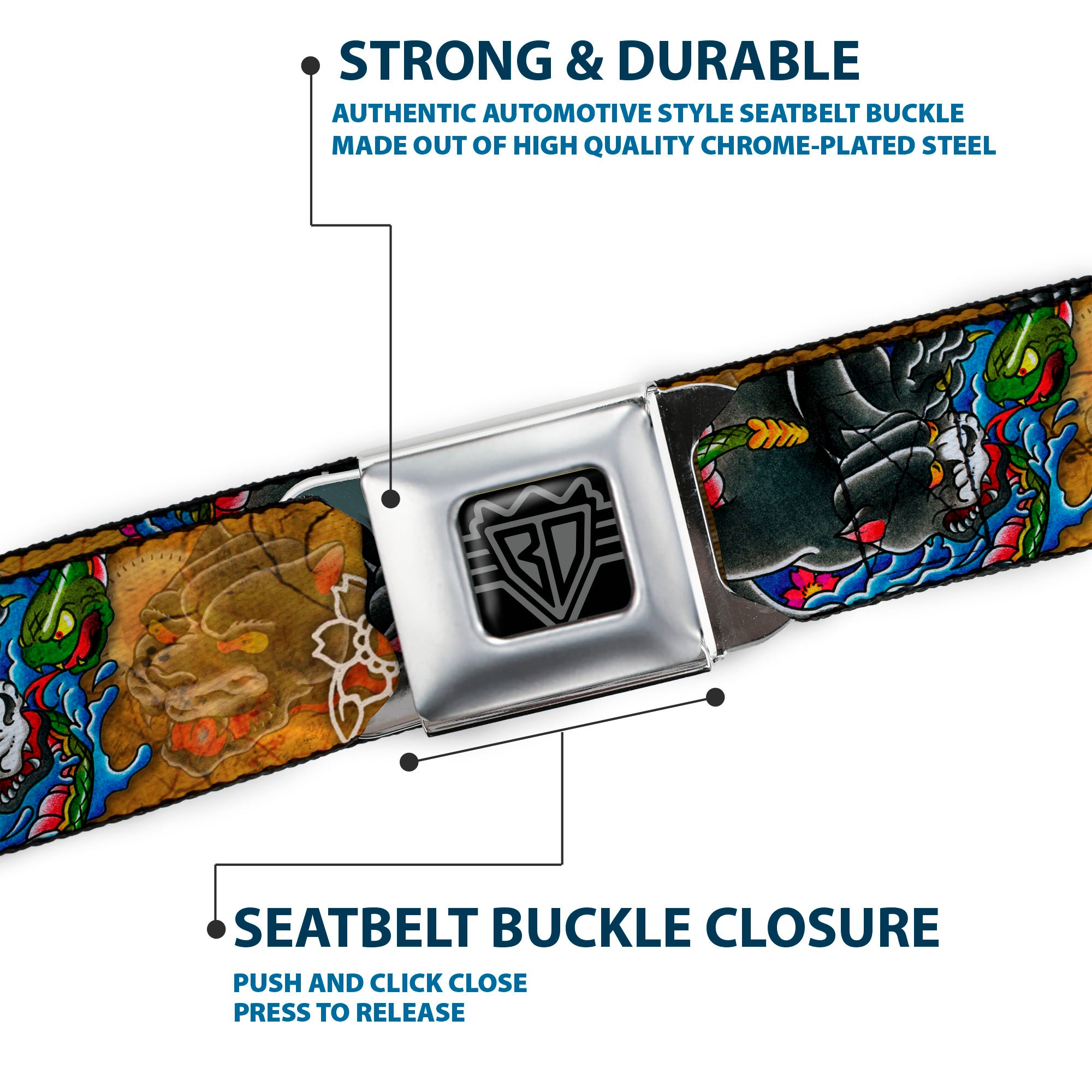 BD Wings Logo CLOSE-UP Full Color Black Silver Seatbelt Belt - TJ-Panther Webbing Seatbelt Belts Tattoo Johnny