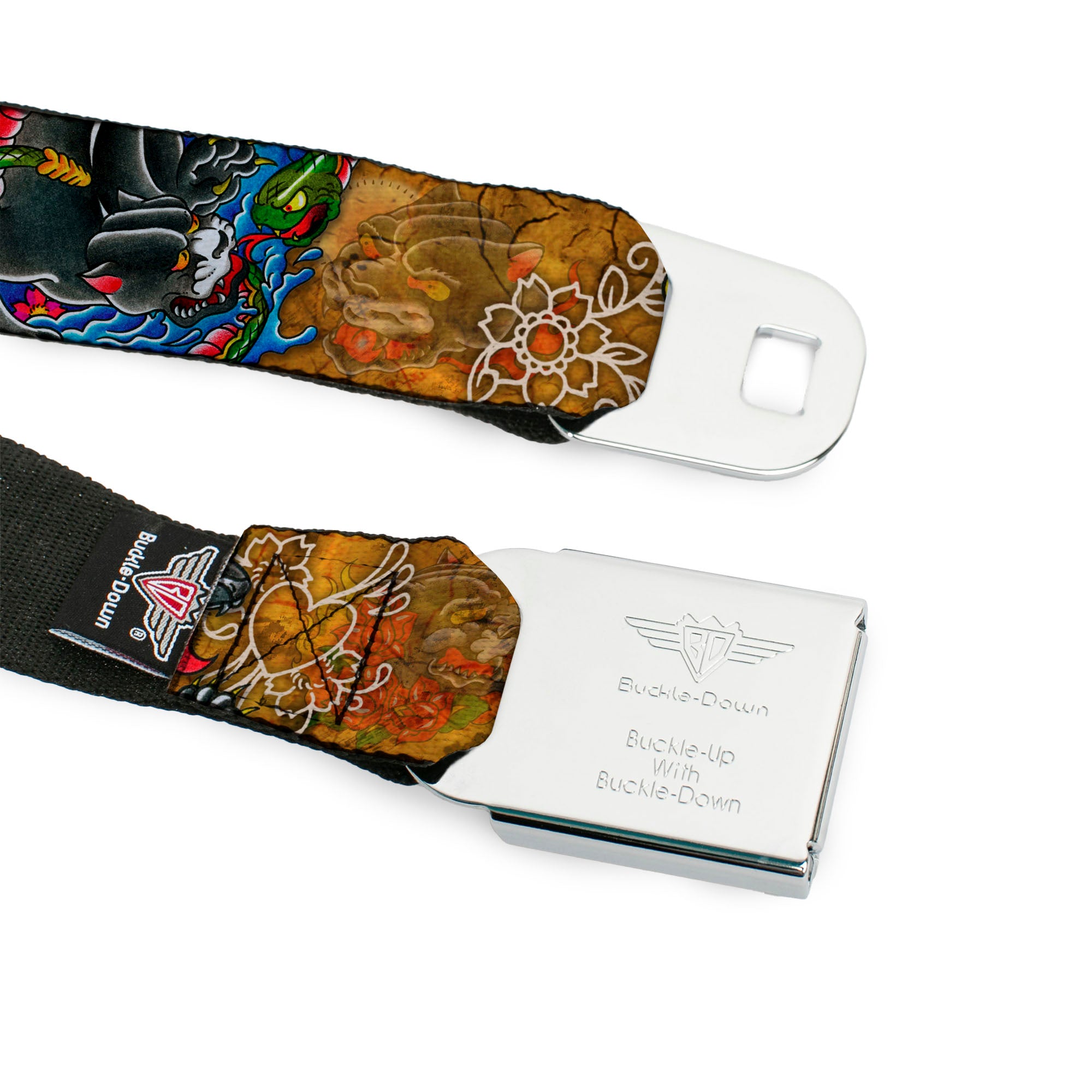 BD Wings Logo CLOSE-UP Full Color Black Silver Seatbelt Belt - TJ-Panther Webbing Seatbelt Belts Tattoo Johnny