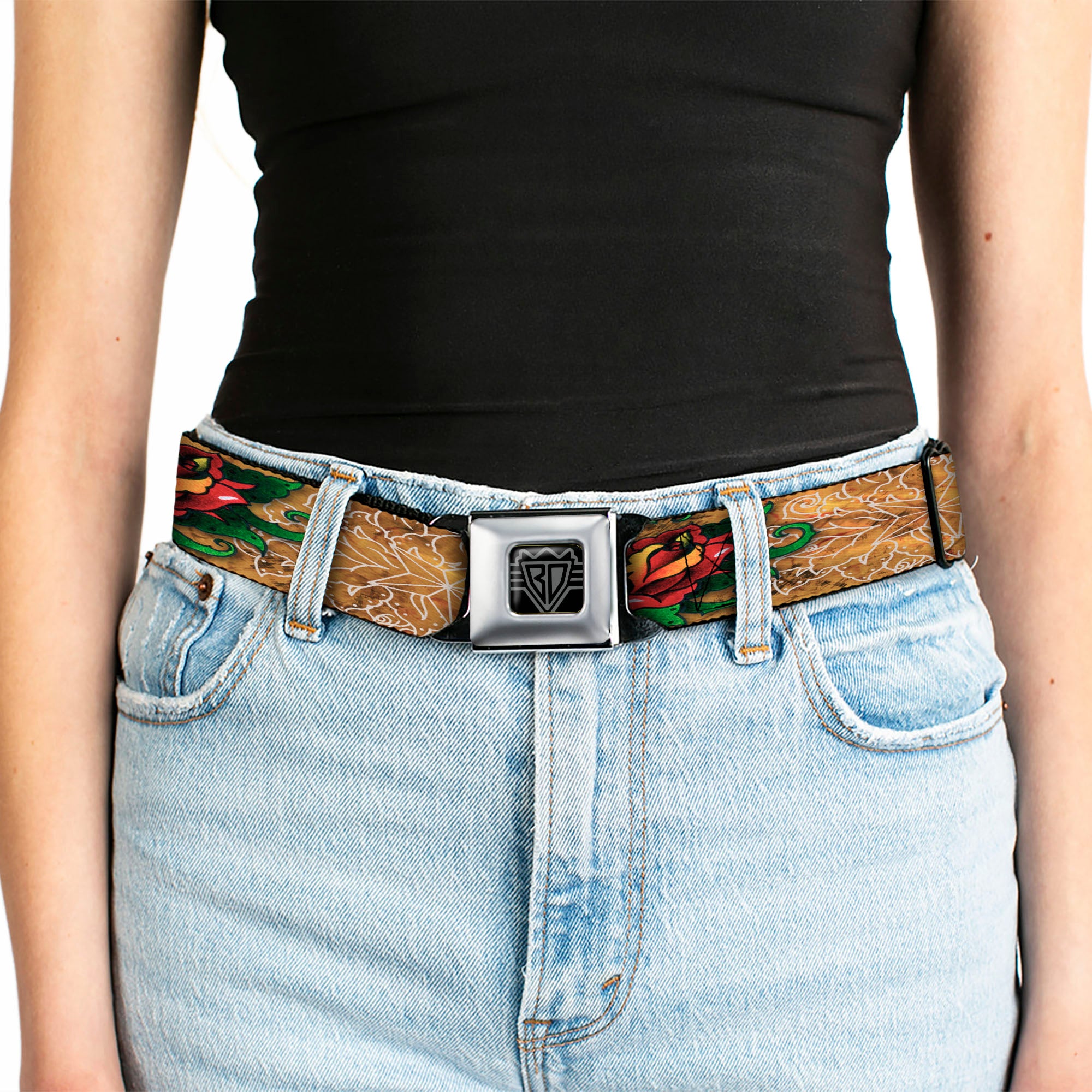 BD Wings Logo CLOSE-UP Full Color Black Silver Seatbelt Belt - TJ-Stars Webbing Seatbelt Belts Tattoo Johnny