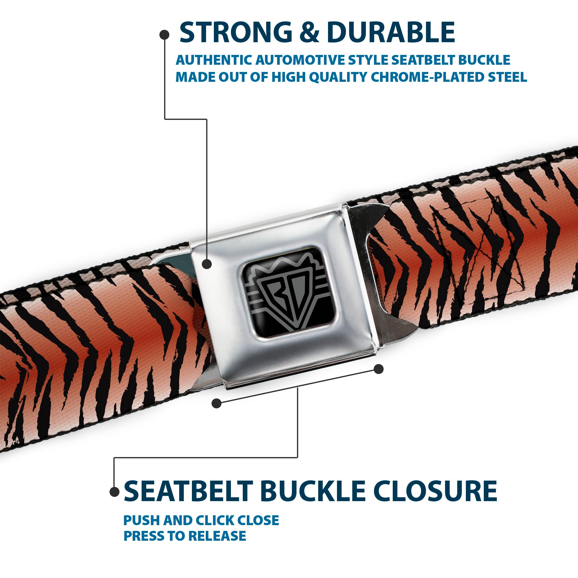 BD Wings Logo CLOSE-UP Full Color Black Silver Seatbelt Belt - Tiger Webbing Seatbelt Belts Buckle-Down