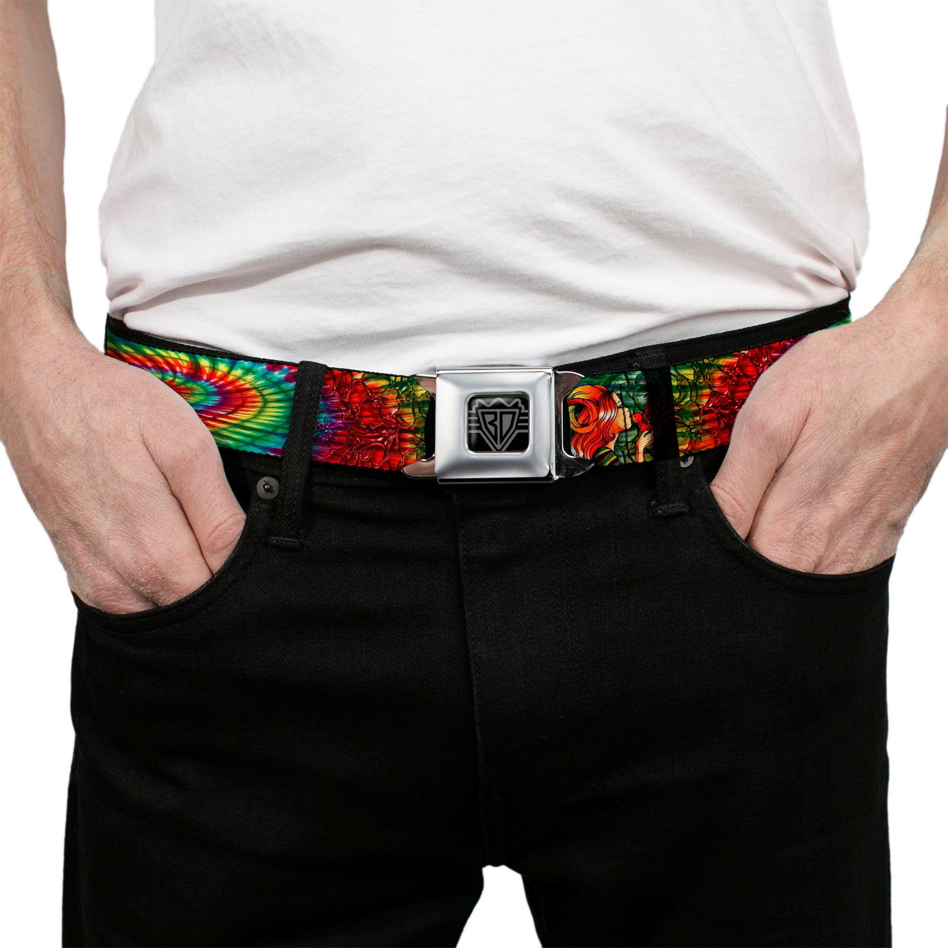 BD Wings Logo CLOSE-UP Full Color Black Silver Seatbelt Belt - TJ-Bird Kiss Webbing Seatbelt Belts Tattoo Johnny