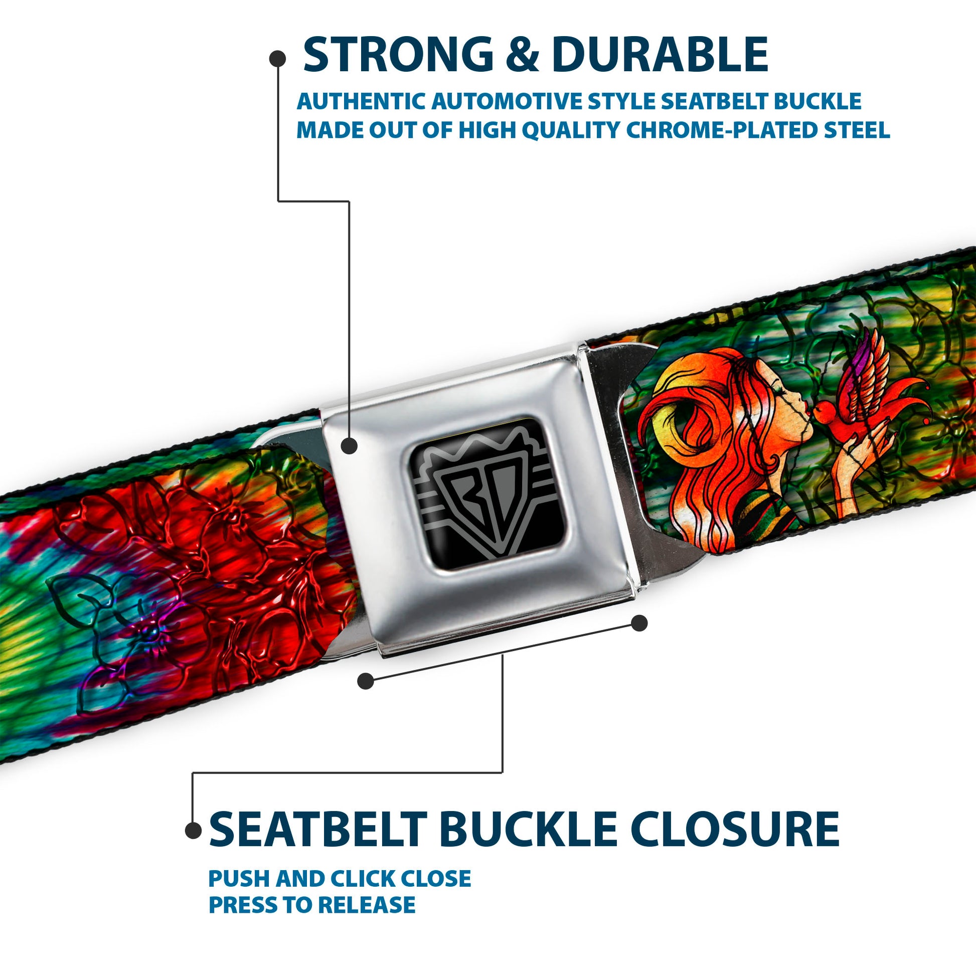 BD Wings Logo CLOSE-UP Full Color Black Silver Seatbelt Belt - TJ-Bird Kiss Webbing Seatbelt Belts Tattoo Johnny