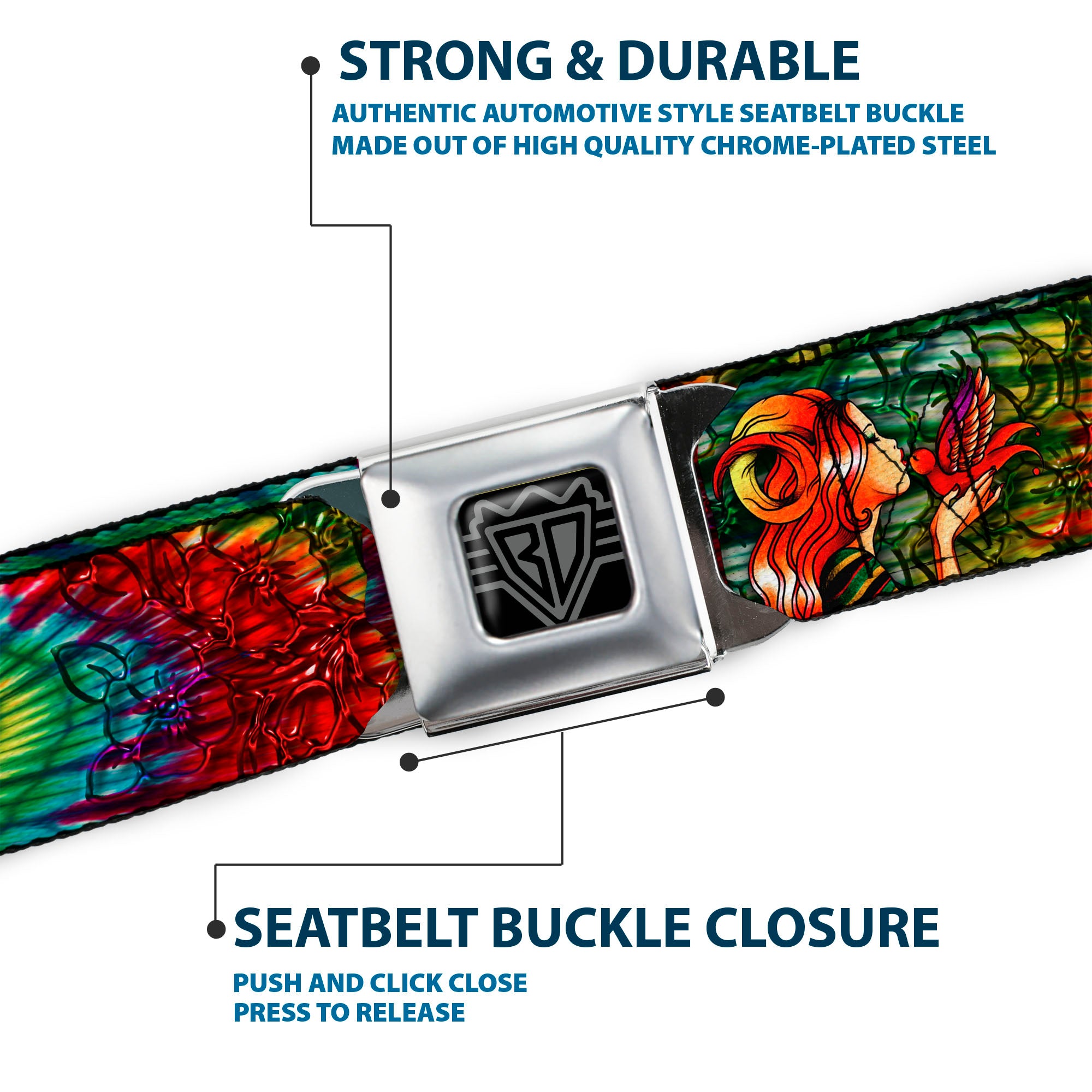 BD Wings Logo CLOSE-UP Full Color Black Silver Seatbelt Belt - TJ-Bird Kiss Webbing Seatbelt Belts Tattoo Johnny