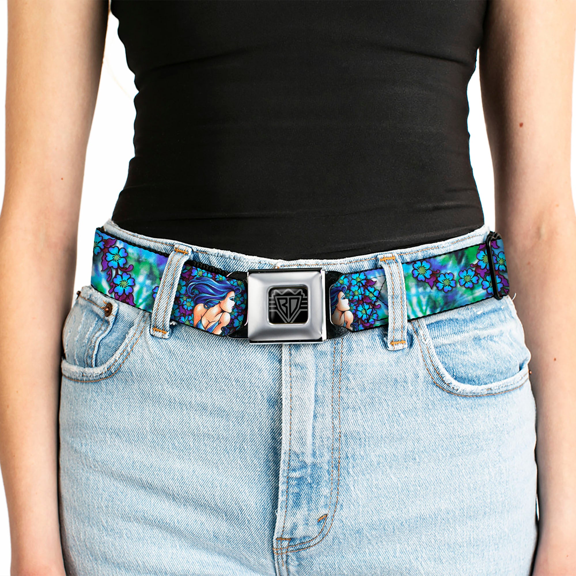 BD Wings Logo CLOSE-UP Full Color Black Silver Seatbelt Belt - TJ-Blue Hair Webbing Seatbelt Belts Tattoo Johnny