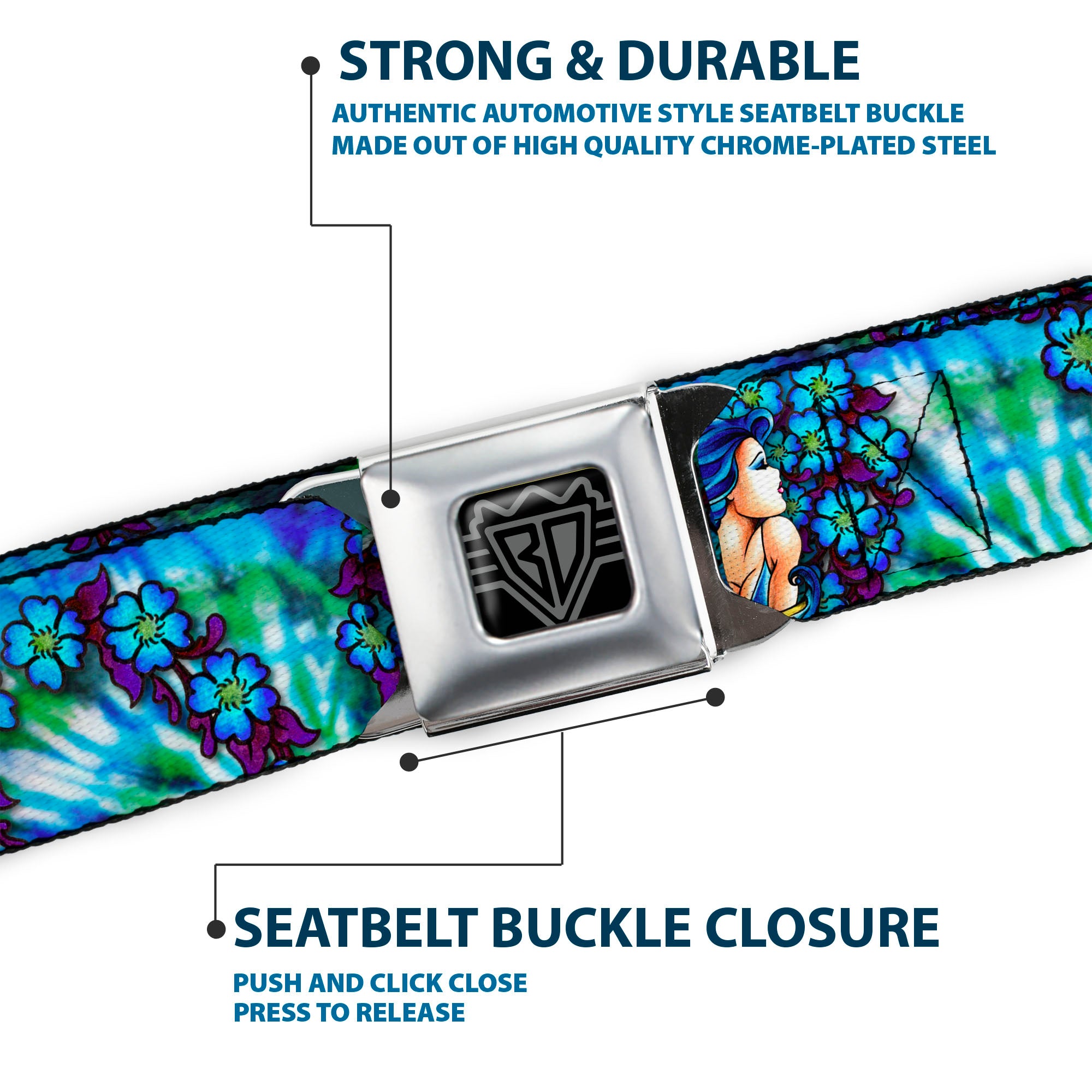 BD Wings Logo CLOSE-UP Full Color Black Silver Seatbelt Belt - TJ-Blue Hair Webbing Seatbelt Belts Tattoo Johnny
