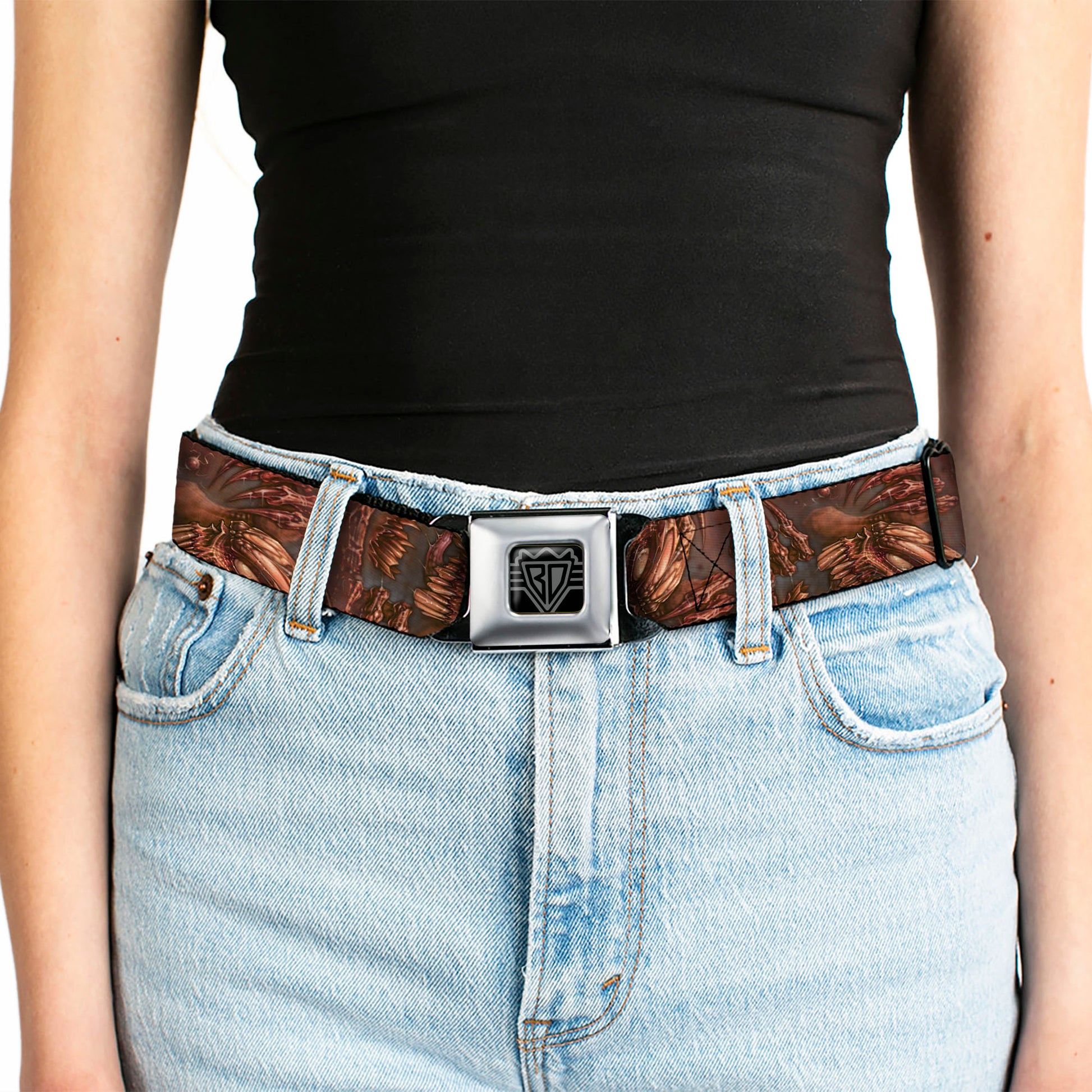 BD Wings Logo CLOSE-UP Full Color Black Silver Seatbelt Belt - TJ-Brutal Webbing Seatbelt Belts Tattoo Johnny