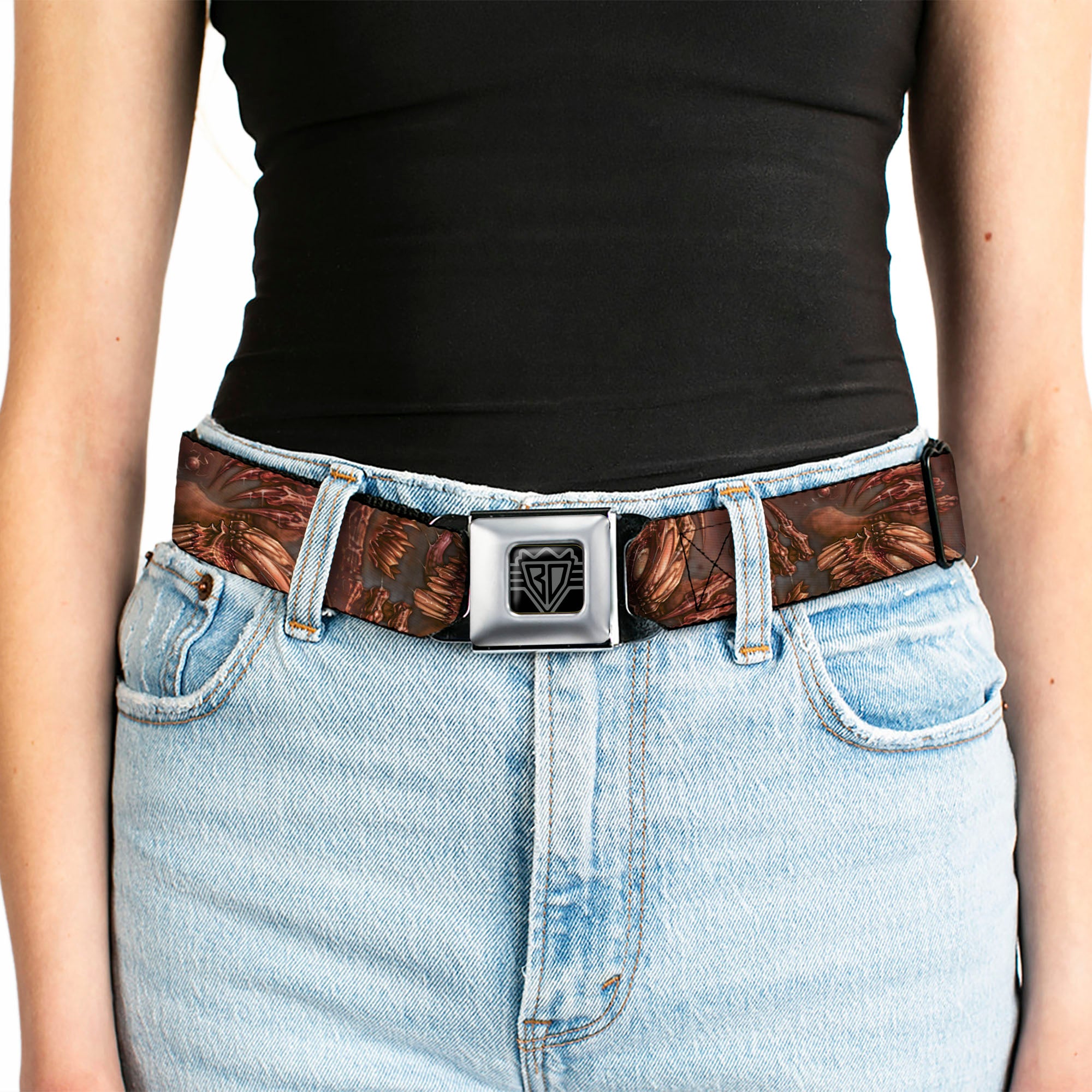 BD Wings Logo CLOSE-UP Full Color Black Silver Seatbelt Belt - TJ-Brutal Webbing Seatbelt Belts Tattoo Johnny