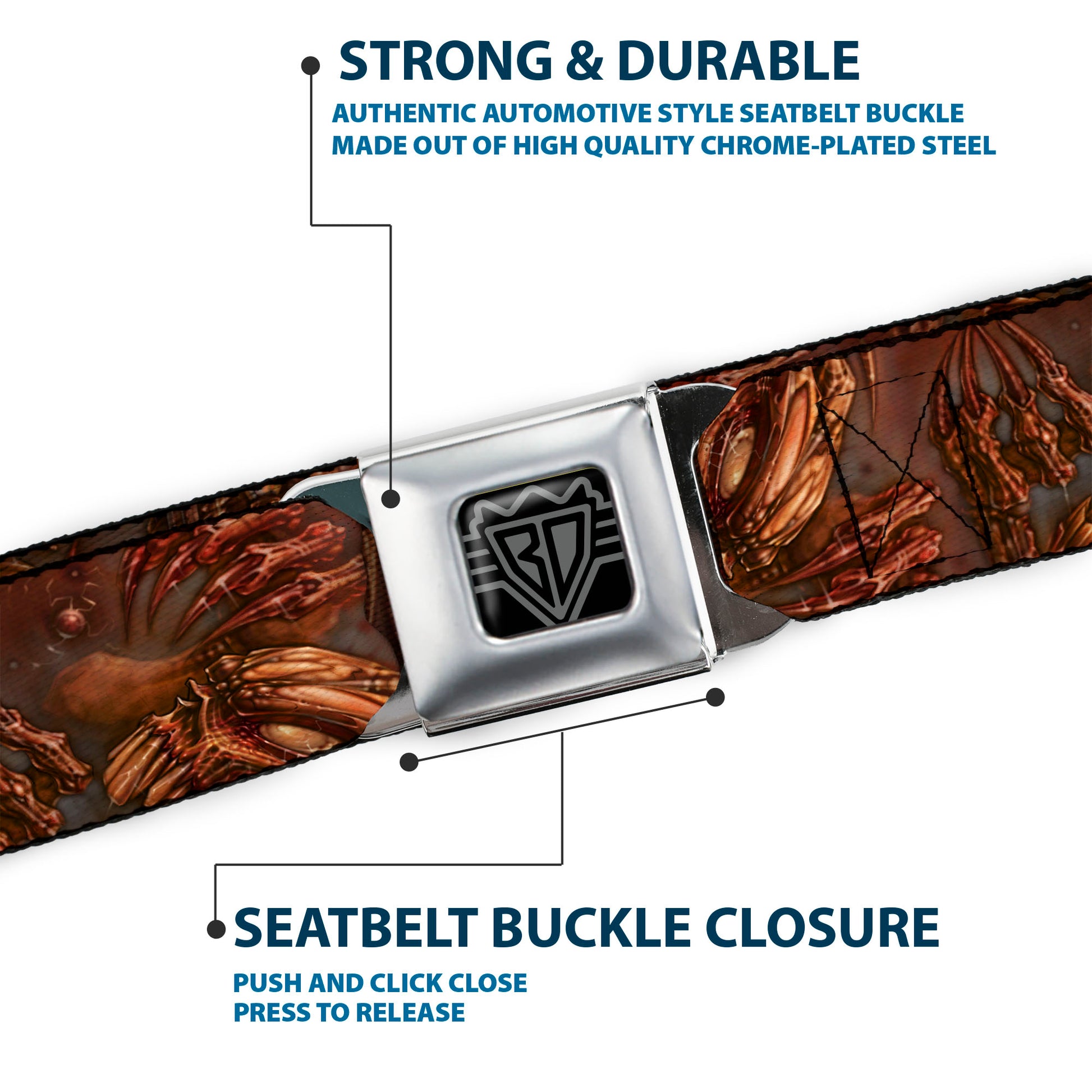BD Wings Logo CLOSE-UP Full Color Black Silver Seatbelt Belt - TJ-Brutal Webbing Seatbelt Belts Tattoo Johnny