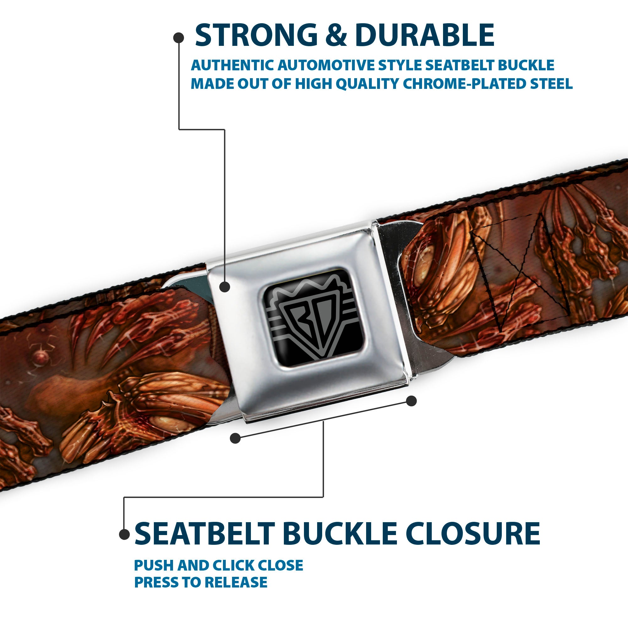BD Wings Logo CLOSE-UP Full Color Black Silver Seatbelt Belt - TJ-Brutal Webbing Seatbelt Belts Tattoo Johnny