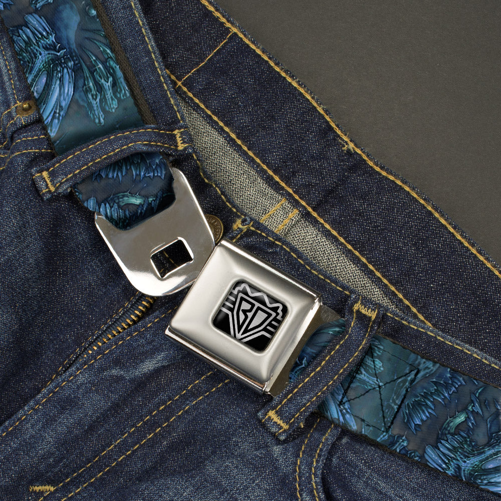 BD Wings Logo CLOSE-UP Full Color Black Silver Seatbelt Belt - TJ-Brutal Blue Webbing Seatbelt Belts Tattoo Johnny