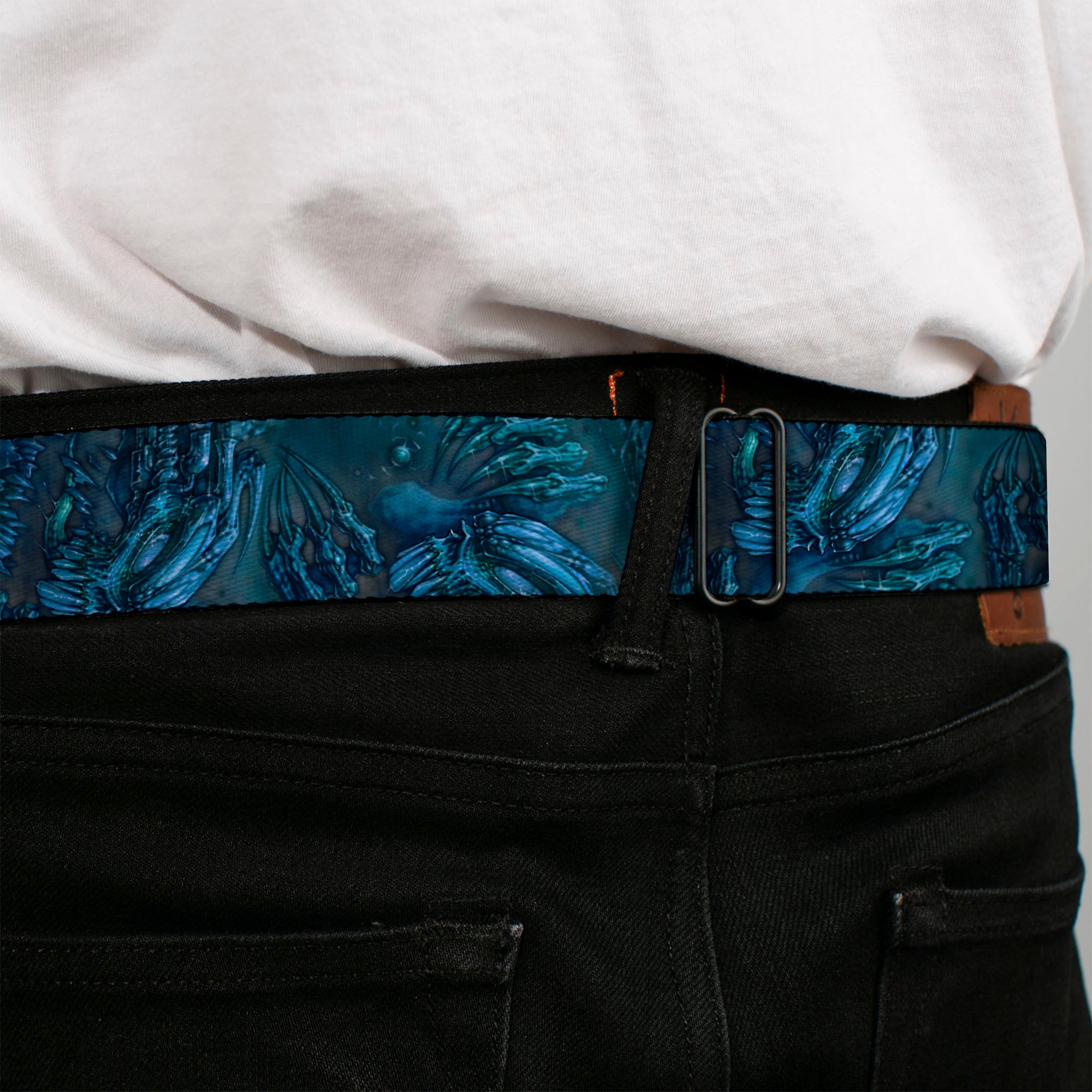 BD Wings Logo CLOSE-UP Full Color Black Silver Seatbelt Belt - TJ-Brutal Blue Webbing Seatbelt Belts Tattoo Johnny