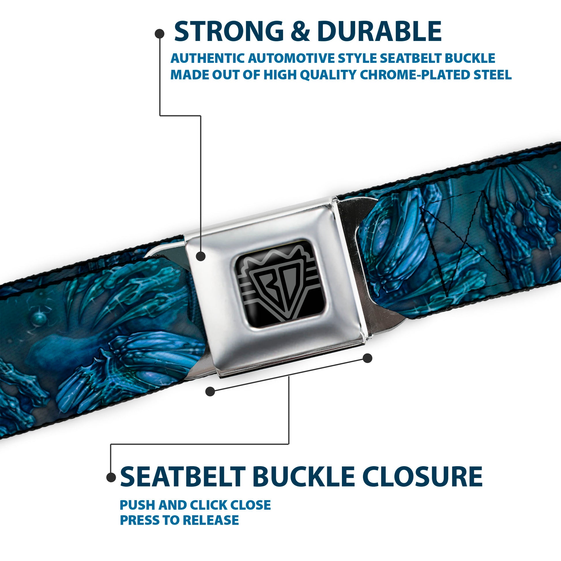 BD Wings Logo CLOSE-UP Full Color Black Silver Seatbelt Belt - TJ-Brutal Blue Webbing Seatbelt Belts Tattoo Johnny