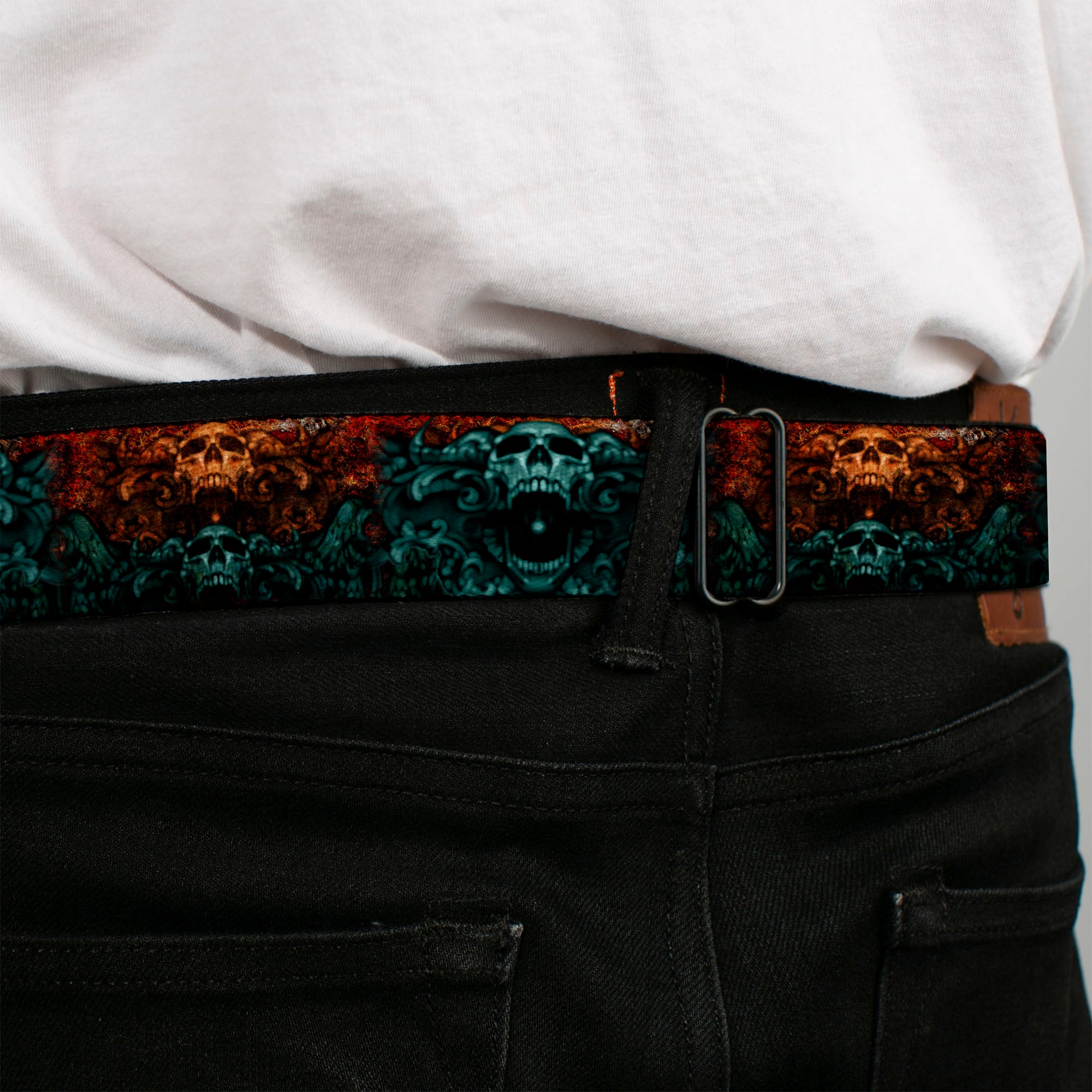 BD Wings Logo CLOSE-UP Full Color Black Silver Seatbelt Belt - TJ-Ornament Skull Webbing Seatbelt Belts Tattoo Johnny