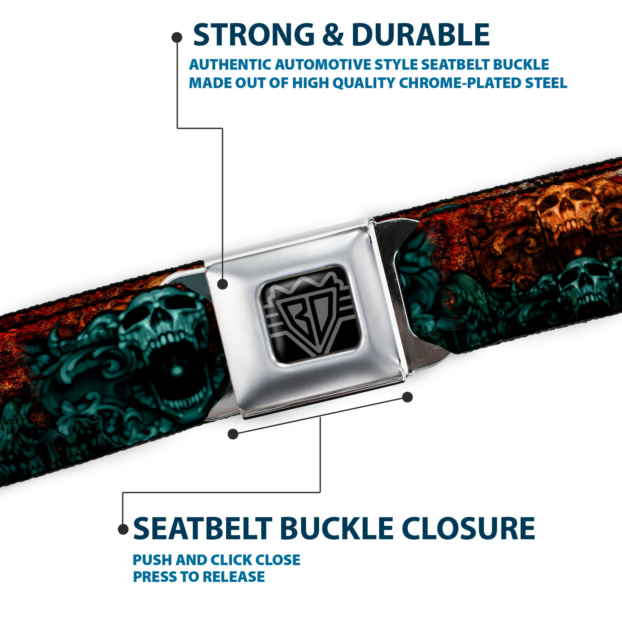 BD Wings Logo CLOSE-UP Full Color Black Silver Seatbelt Belt - TJ-Ornament Skull Webbing Seatbelt Belts Tattoo Johnny