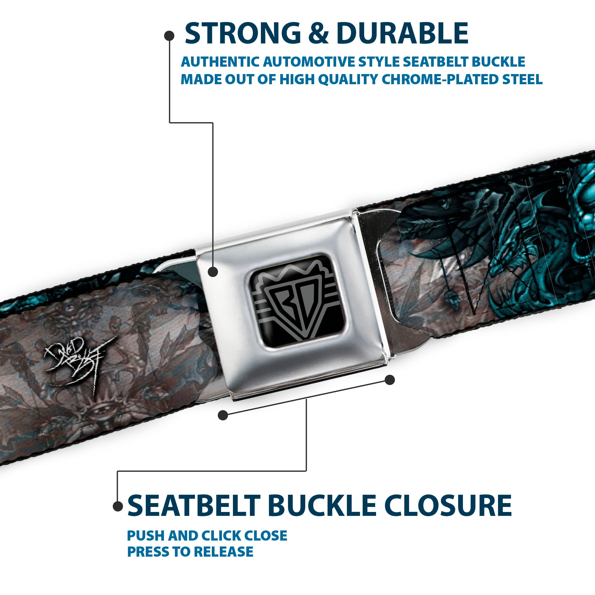 BD Wings Logo CLOSE-UP Full Color Black Silver Seatbelt Belt - TJ-Star Machine Webbing Seatbelt Belts Tattoo Johnny