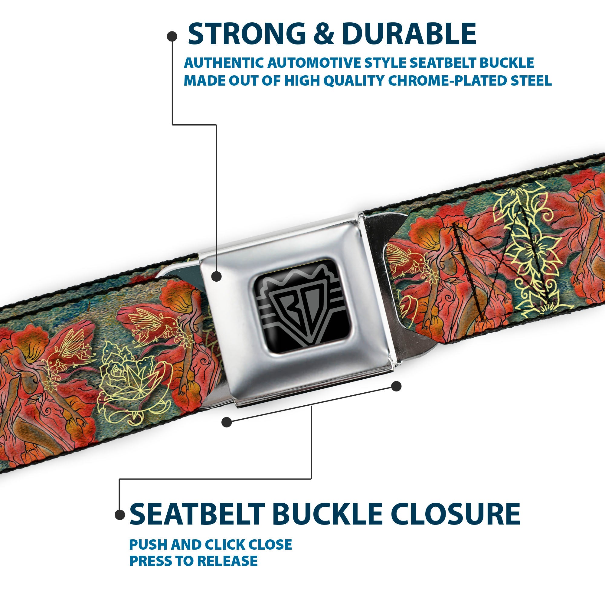 BD Wings Logo CLOSE-UP Full Color Black Silver Seatbelt Belt - TJ-Andrea Red Fairy 3 Webbing Seatbelt Belts Tattoo Johnny