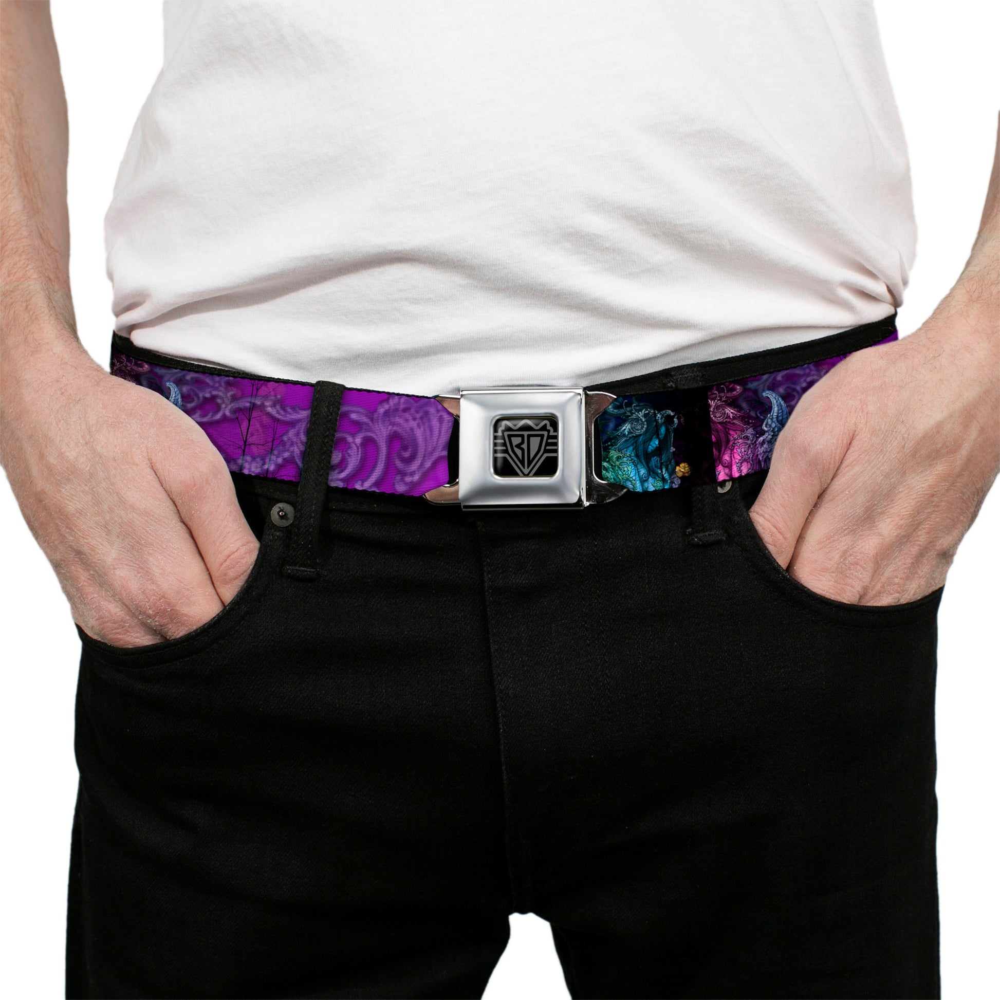 BD Wings Logo CLOSE-UP Full Color Black Silver Seatbelt Belt - TJ-Bollt Cthulu Webbing Seatbelt Belts Tattoo Johnny
