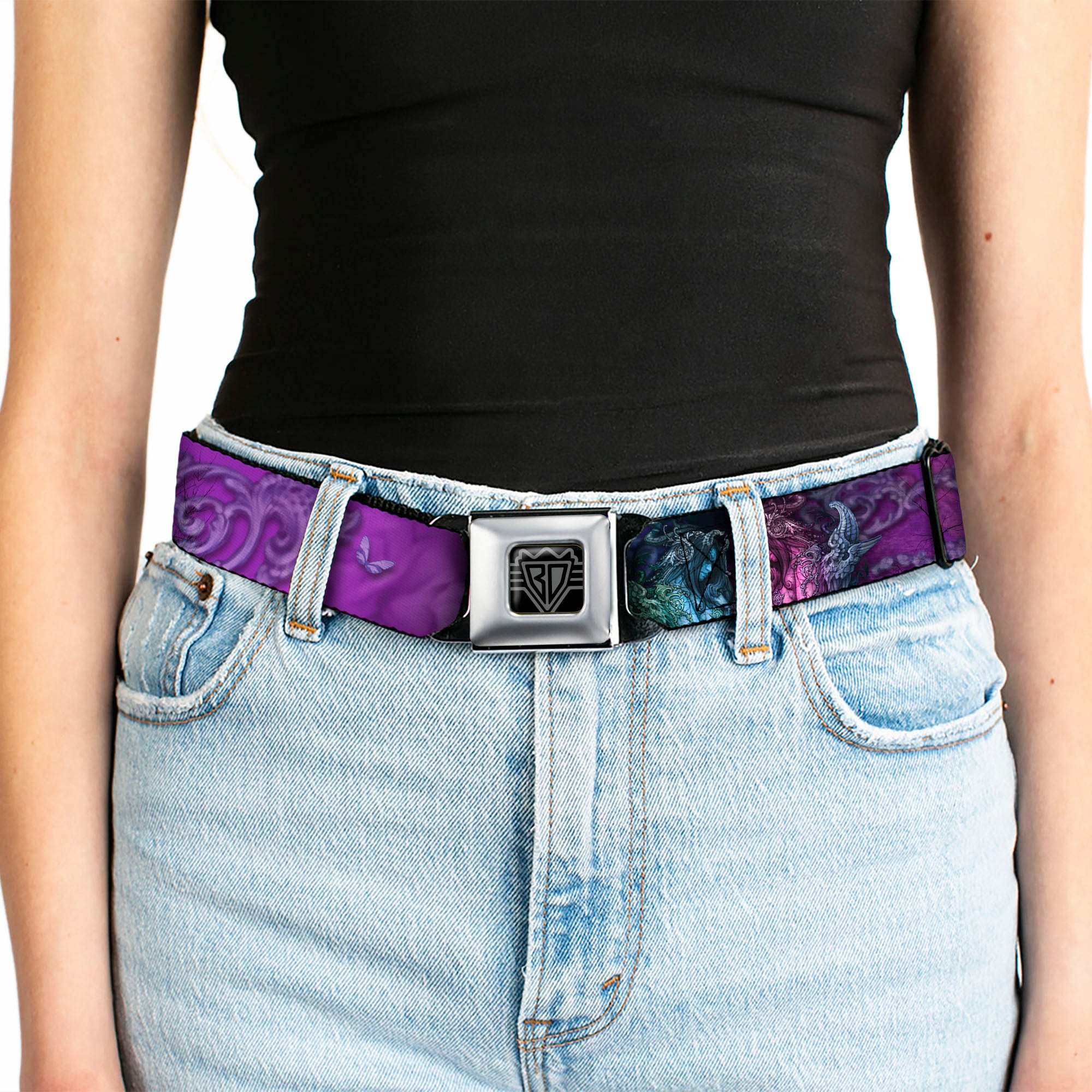 BD Wings Logo CLOSE-UP Full Color Black Silver Seatbelt Belt - TJ-Bollt Cthulu Webbing Seatbelt Belts Tattoo Johnny