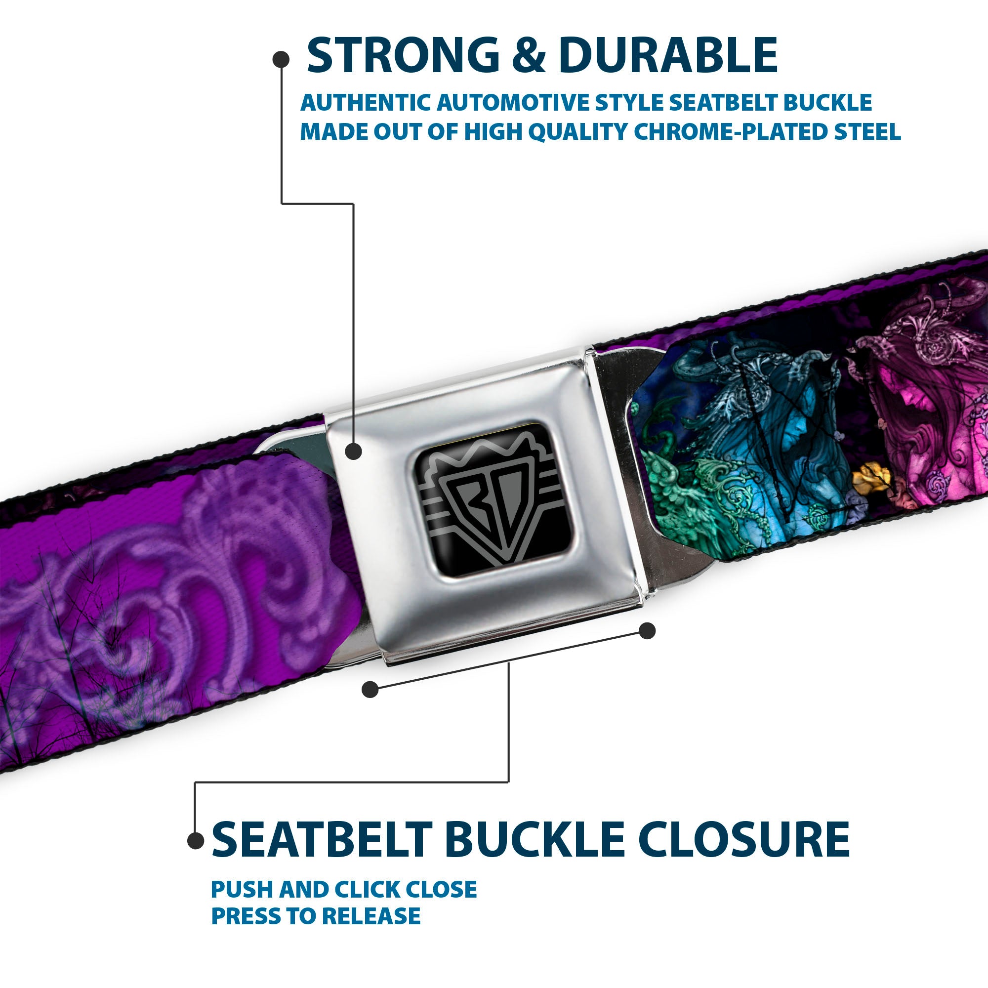 BD Wings Logo CLOSE-UP Full Color Black Silver Seatbelt Belt - TJ-Bollt Cthulu Webbing Seatbelt Belts Tattoo Johnny