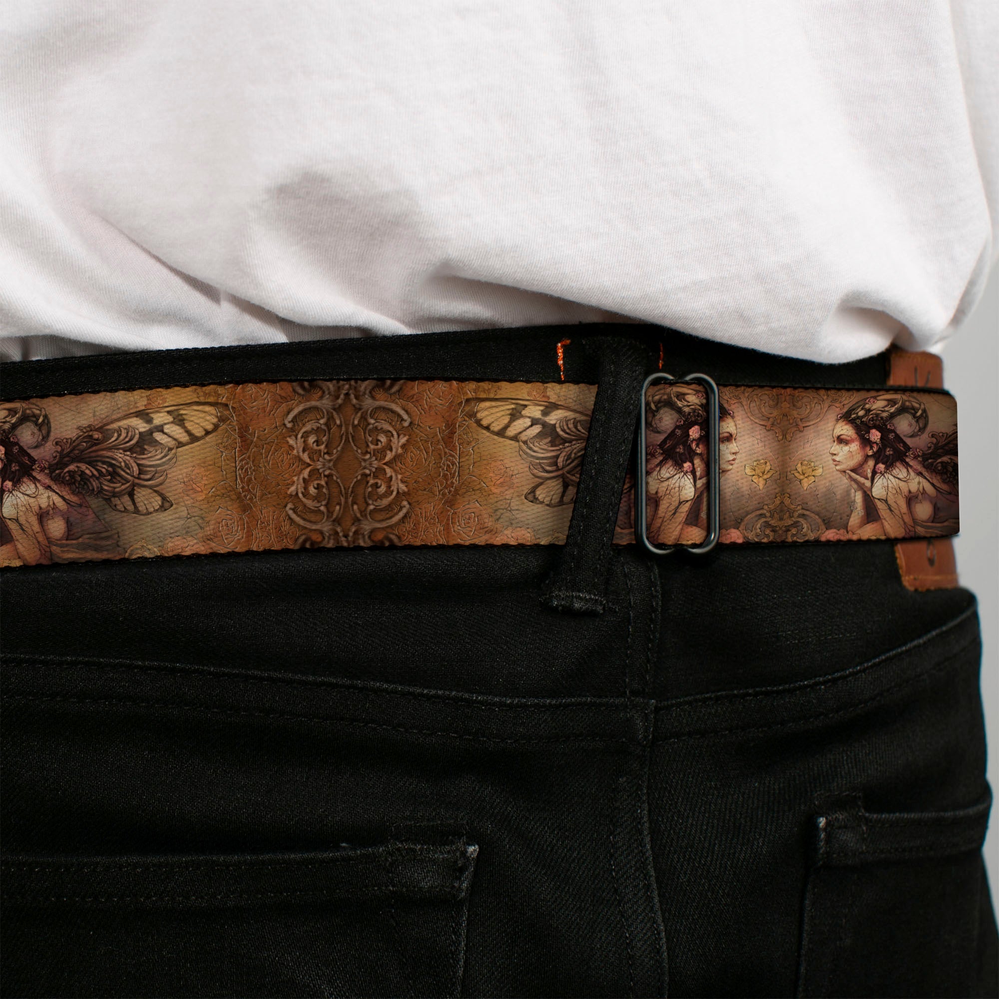 BD Wings Logo CLOSE-UP Full Color Black Silver Seatbelt Belt - TJ-Bollt Fairy Webbing Seatbelt Belts Tattoo Johnny