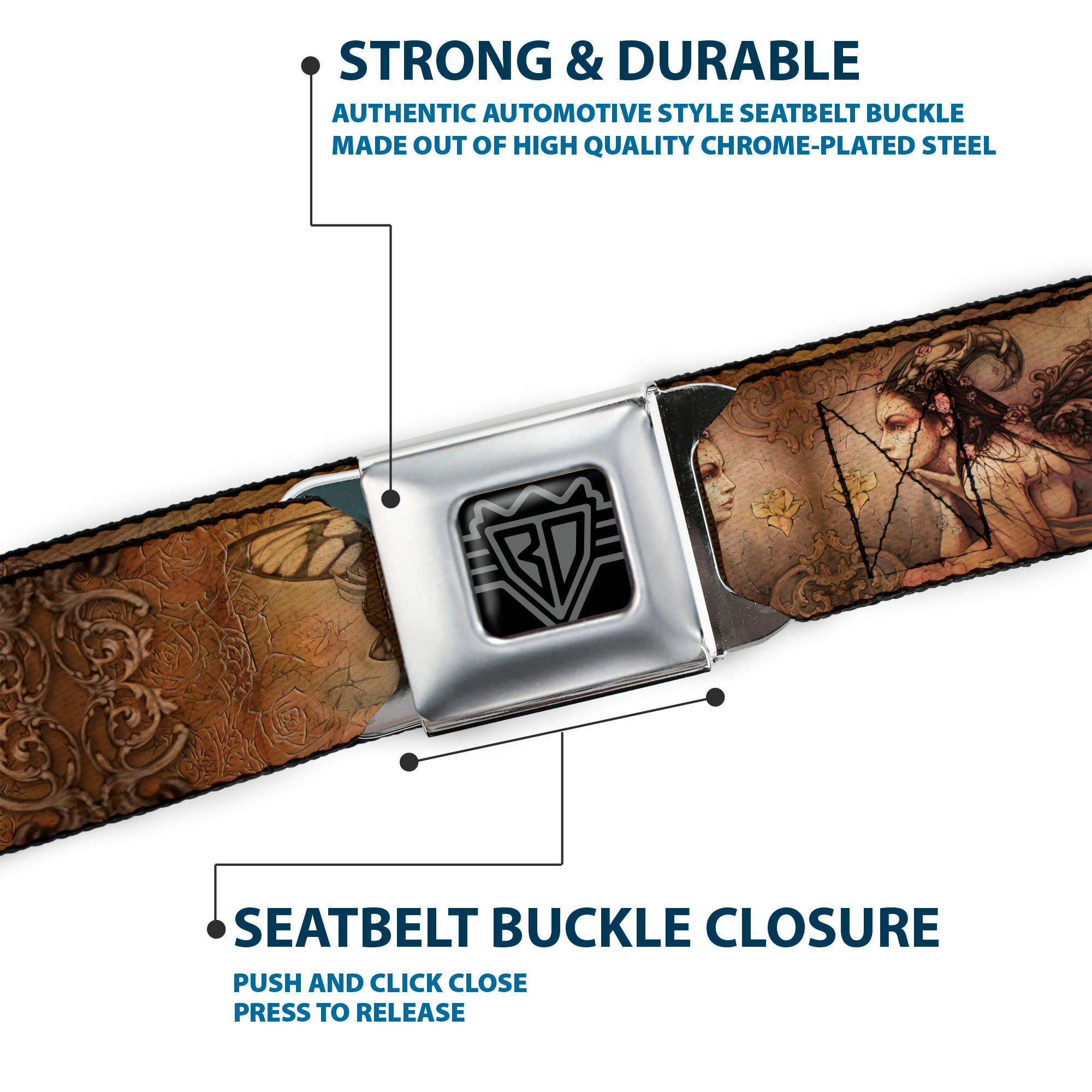 BD Wings Logo CLOSE-UP Full Color Black Silver Seatbelt Belt - TJ-Bollt Fairy Webbing Seatbelt Belts Tattoo Johnny