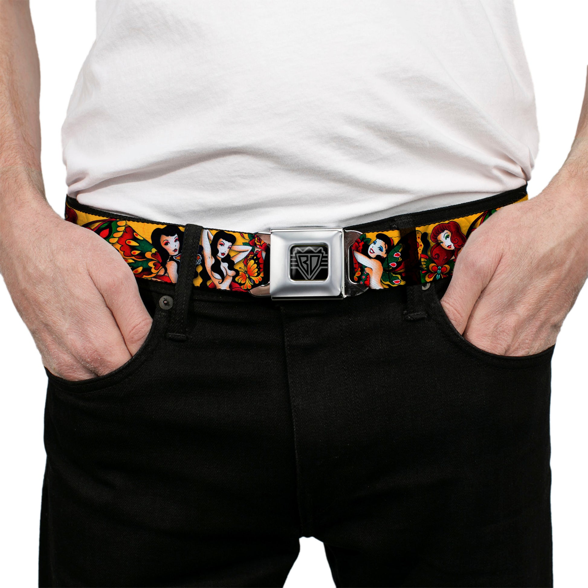 BD Wings Logo CLOSE-UP Full Color Black Silver Seatbelt Belt - TJ-Butterfly Girl Webbing Seatbelt Belts Tattoo Johnny