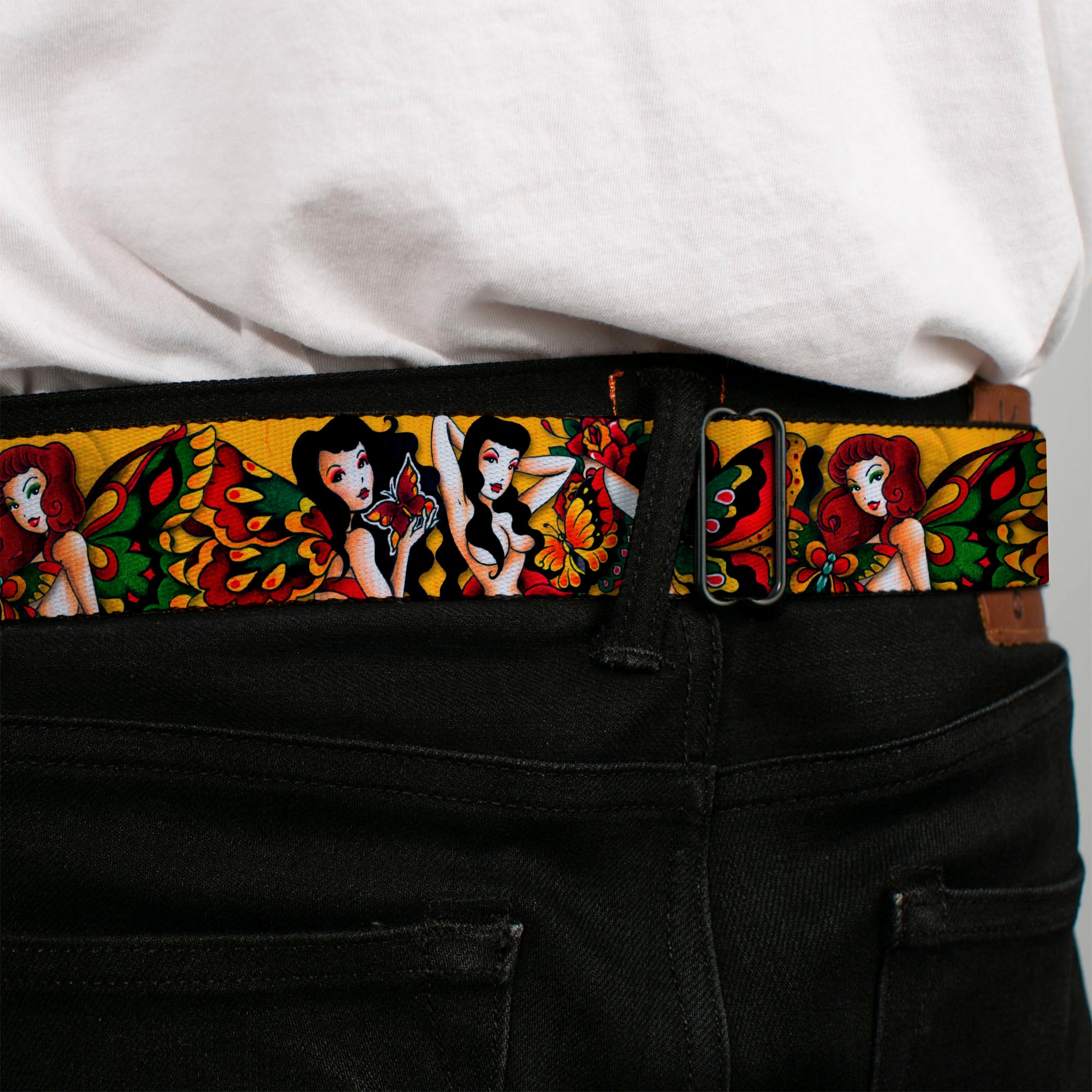 BD Wings Logo CLOSE-UP Full Color Black Silver Seatbelt Belt - TJ-Butterfly Girl Webbing Seatbelt Belts Tattoo Johnny
