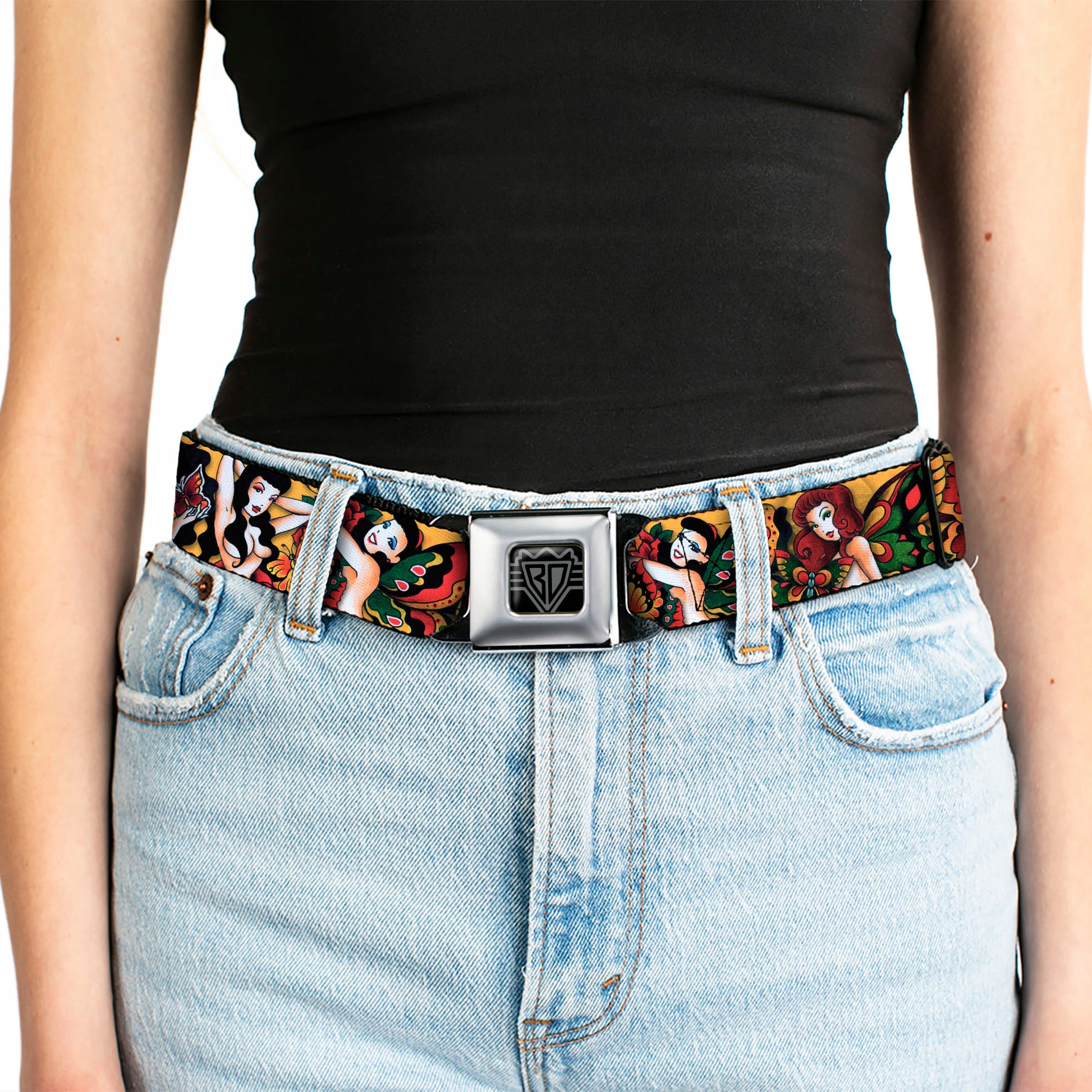 BD Wings Logo CLOSE-UP Full Color Black Silver Seatbelt Belt - TJ-Butterfly Girl Webbing Seatbelt Belts Tattoo Johnny