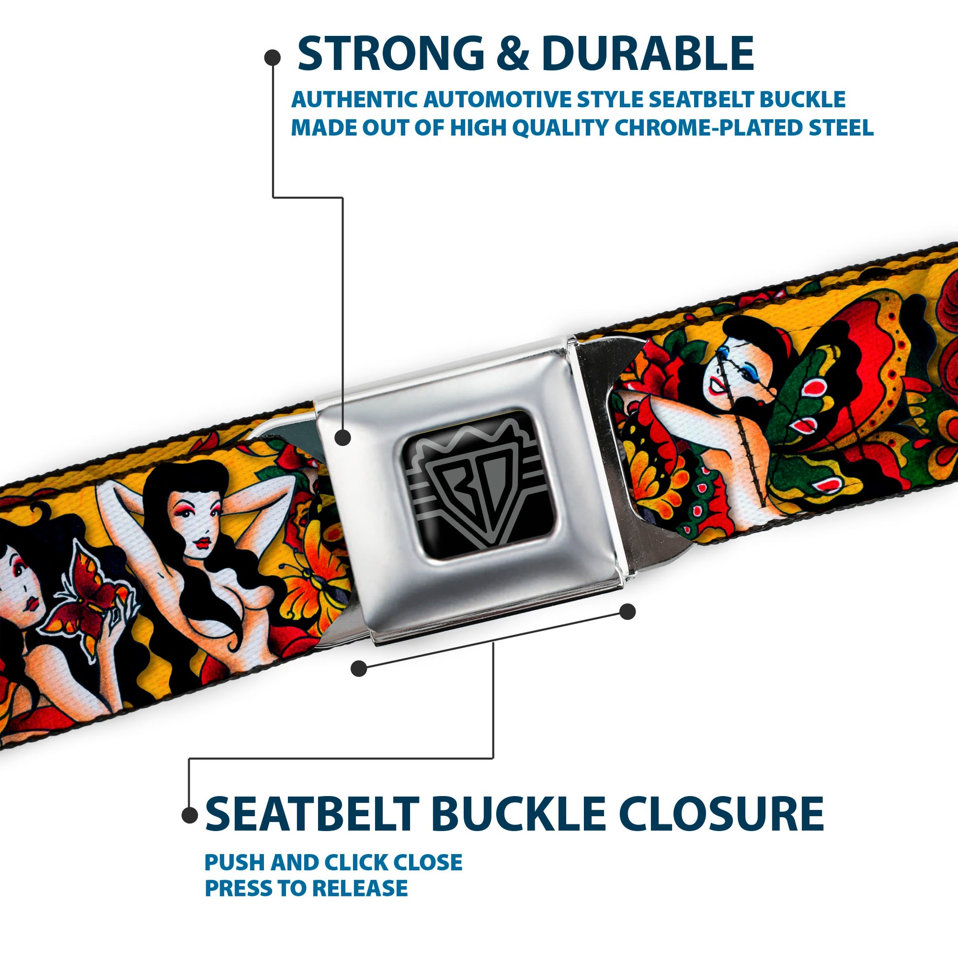 BD Wings Logo CLOSE-UP Full Color Black Silver Seatbelt Belt - TJ-Butterfly Girl Webbing Seatbelt Belts Tattoo Johnny
