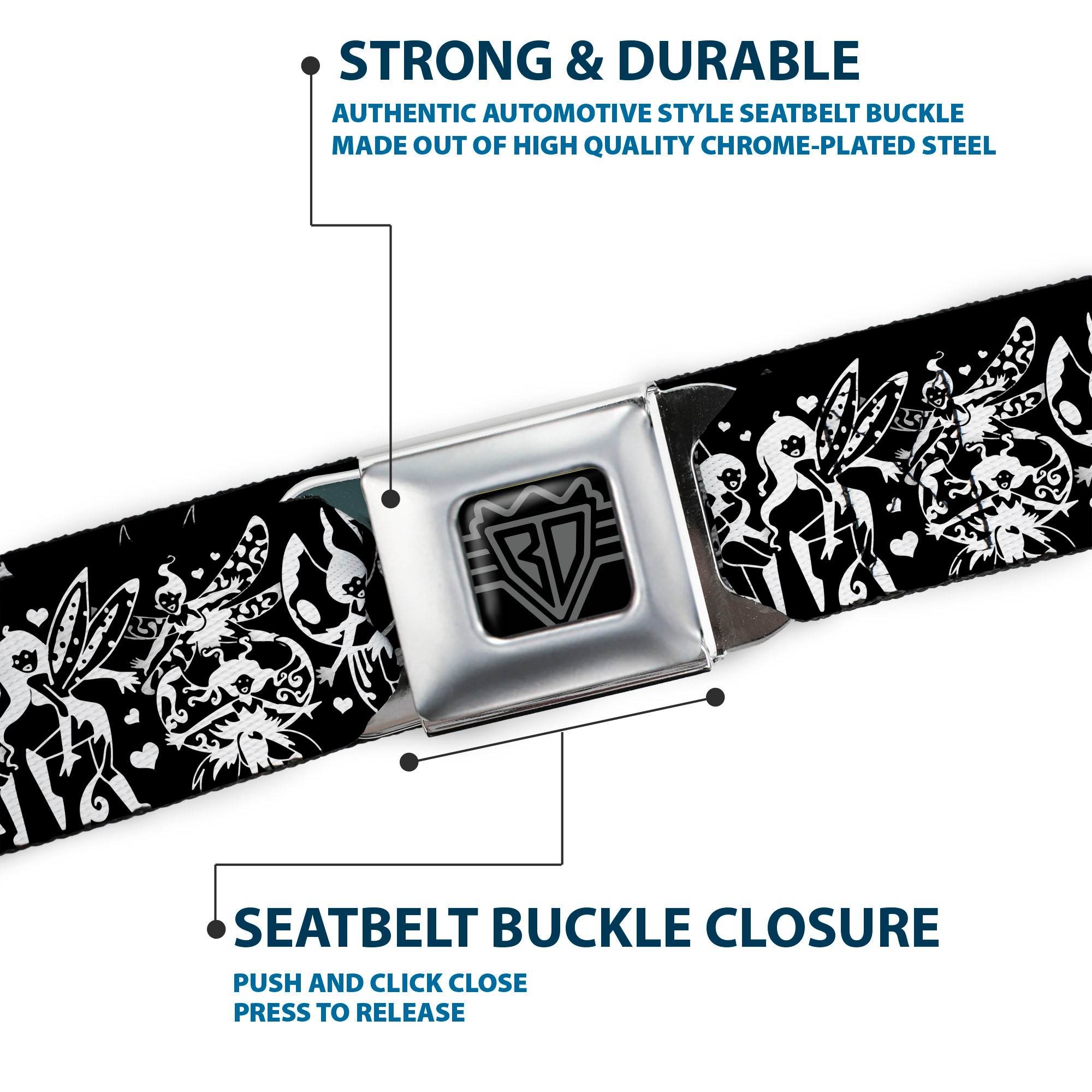 BD Wings Logo CLOSE-UP Full Color Black Silver Seatbelt Belt - TJ-Fairies Black/White Webbing Seatbelt Belts Tattoo Johnny