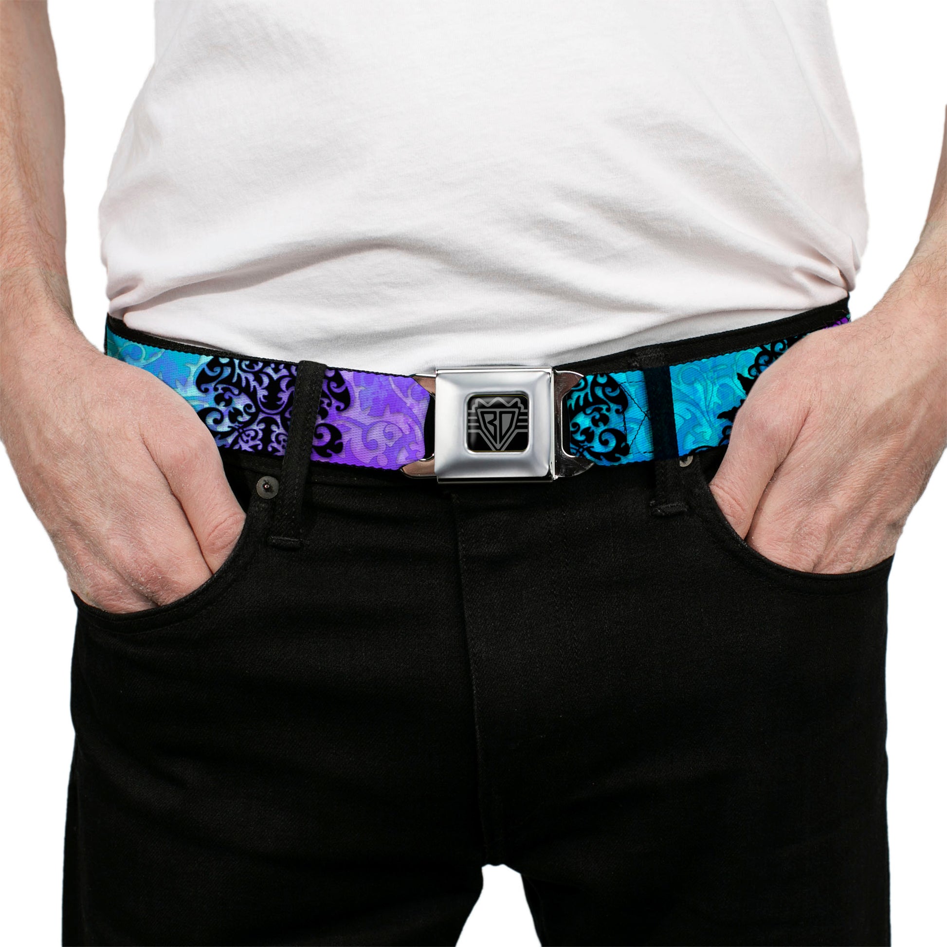 BD Wings Logo CLOSE-UP Full Color Black Silver Seatbelt Belt - TJ-Fairy Blue Hair Webbing Seatbelt Belts Tattoo Johnny