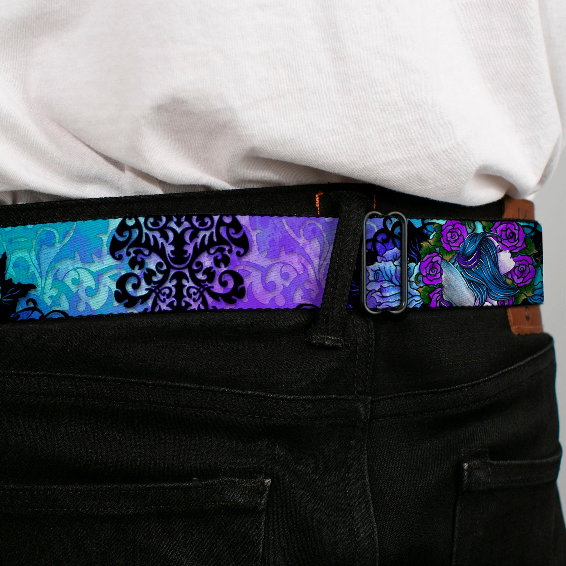 BD Wings Logo CLOSE-UP Full Color Black Silver Seatbelt Belt - TJ-Fairy Blue Hair Webbing Seatbelt Belts Tattoo Johnny