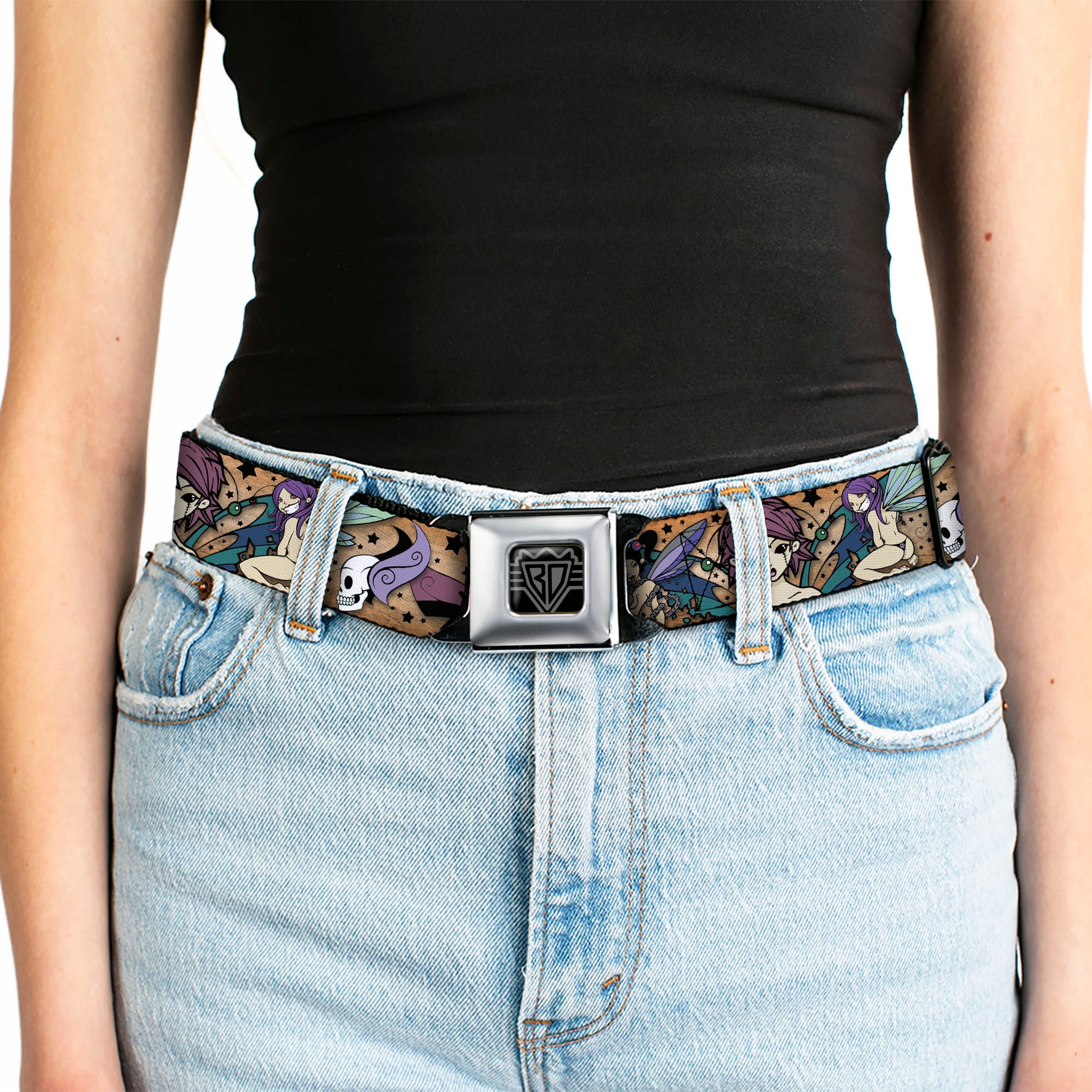 BD Wings Logo CLOSE-UP Full Color Black Silver Seatbelt Belt - TJ-Fairy Gothic Webbing Seatbelt Belts Tattoo Johnny