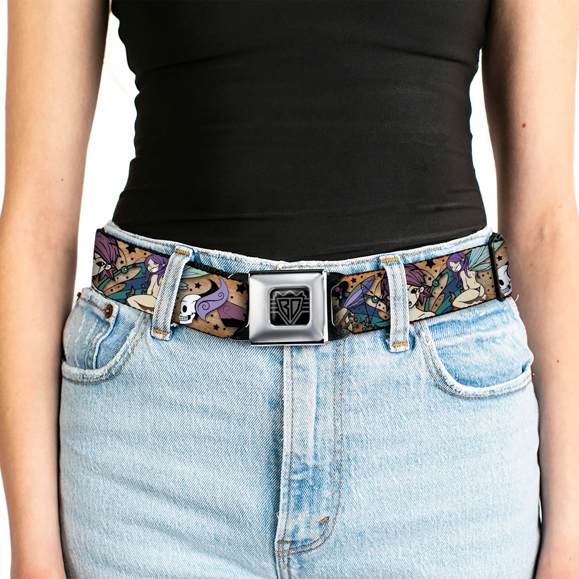 BD Wings Logo CLOSE-UP Full Color Black Silver Seatbelt Belt - TJ-Fairy Gothic Webbing Seatbelt Belts Tattoo Johnny