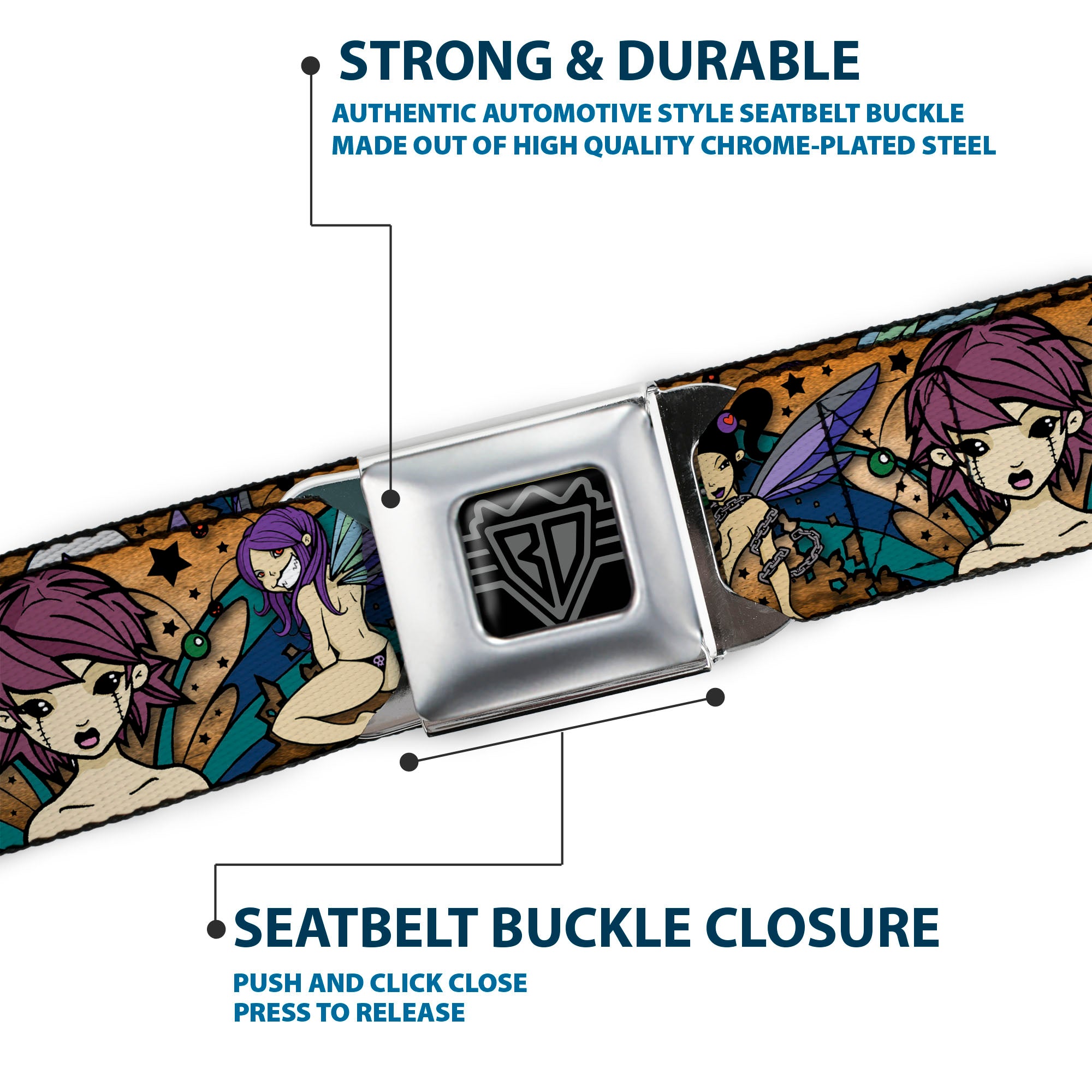 BD Wings Logo CLOSE-UP Full Color Black Silver Seatbelt Belt - TJ-Fairy Gothic Webbing Seatbelt Belts Tattoo Johnny