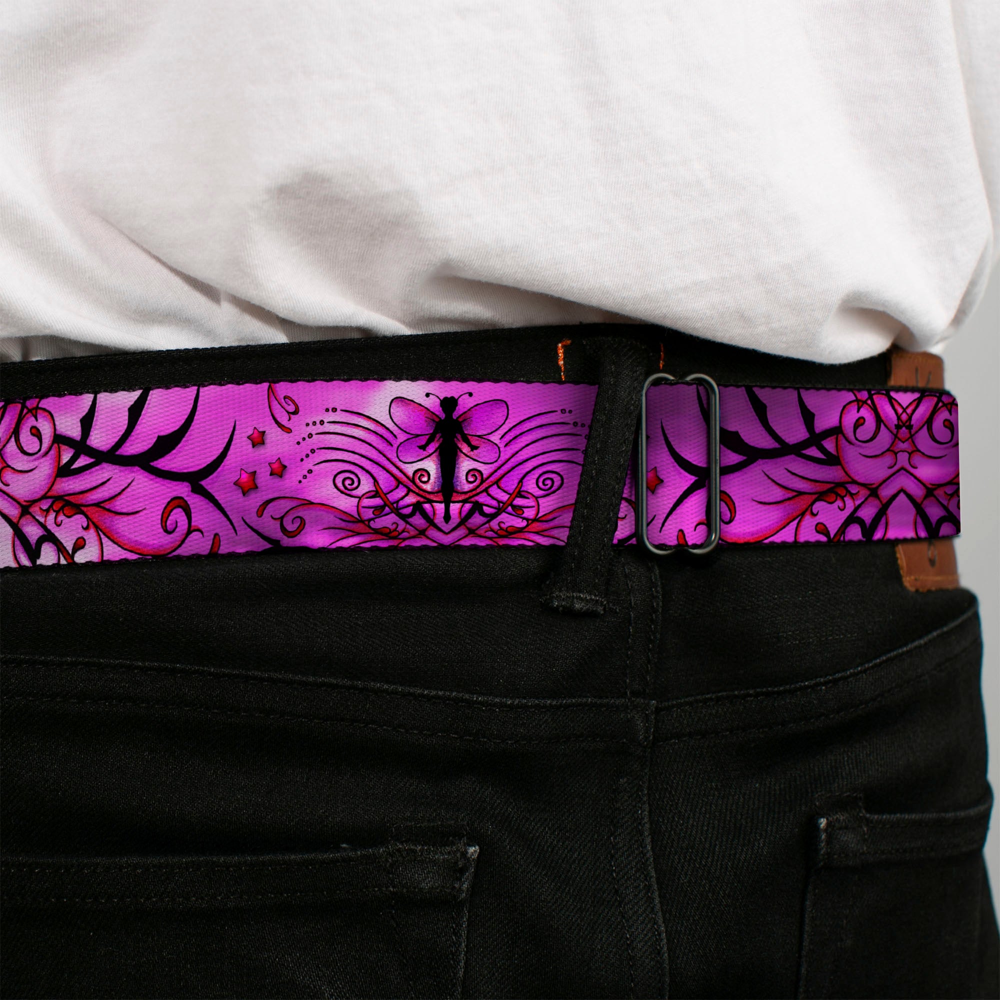 BD Wings Logo CLOSE-UP Full Color Black Silver Seatbelt Belt - TJ-Fairy Pink Swirl Webbing Seatbelt Belts Tattoo Johnny