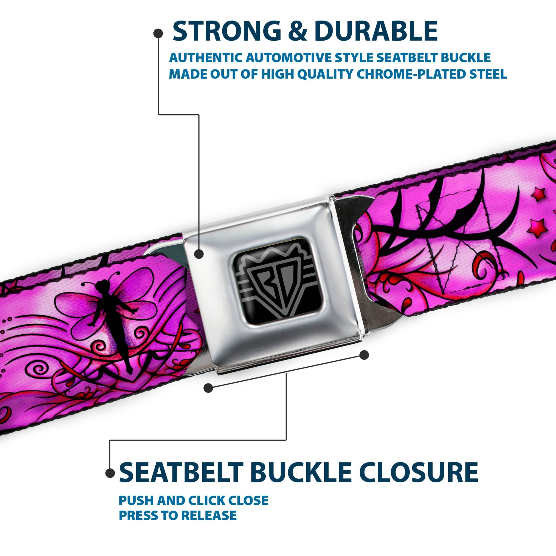 BD Wings Logo CLOSE-UP Full Color Black Silver Seatbelt Belt - TJ-Fairy Pink Swirl Webbing Seatbelt Belts Tattoo Johnny