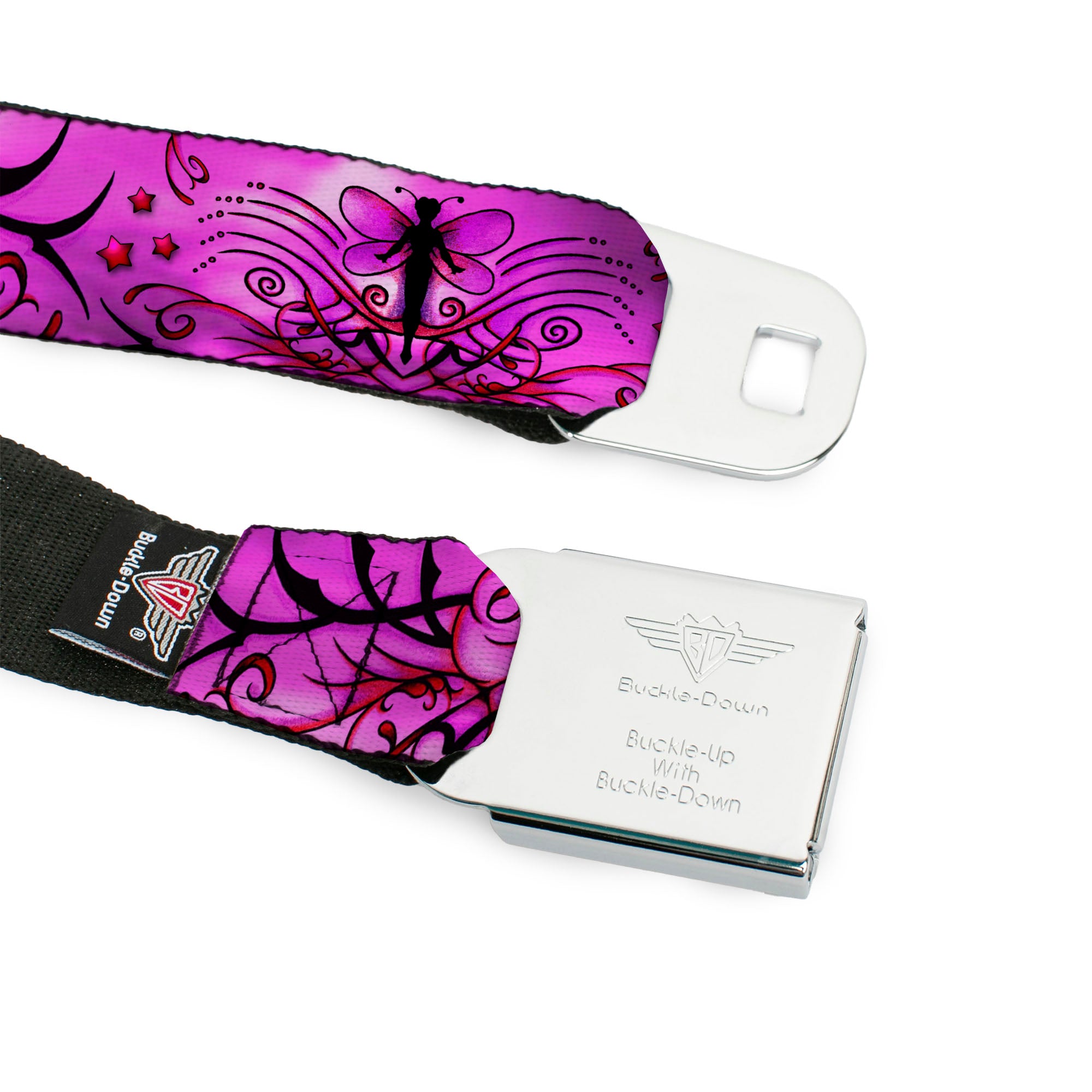 BD Wings Logo CLOSE-UP Full Color Black Silver Seatbelt Belt - TJ-Fairy Pink Swirl Webbing Seatbelt Belts Tattoo Johnny