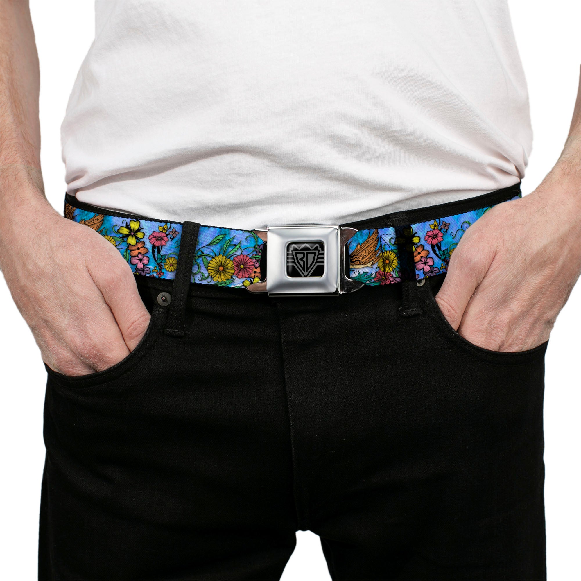 BD Wings Logo CLOSE-UP Full Color Black Silver Seatbelt Belt - TJ-Flower Fairy Webbing Seatbelt Belts Tattoo Johnny
