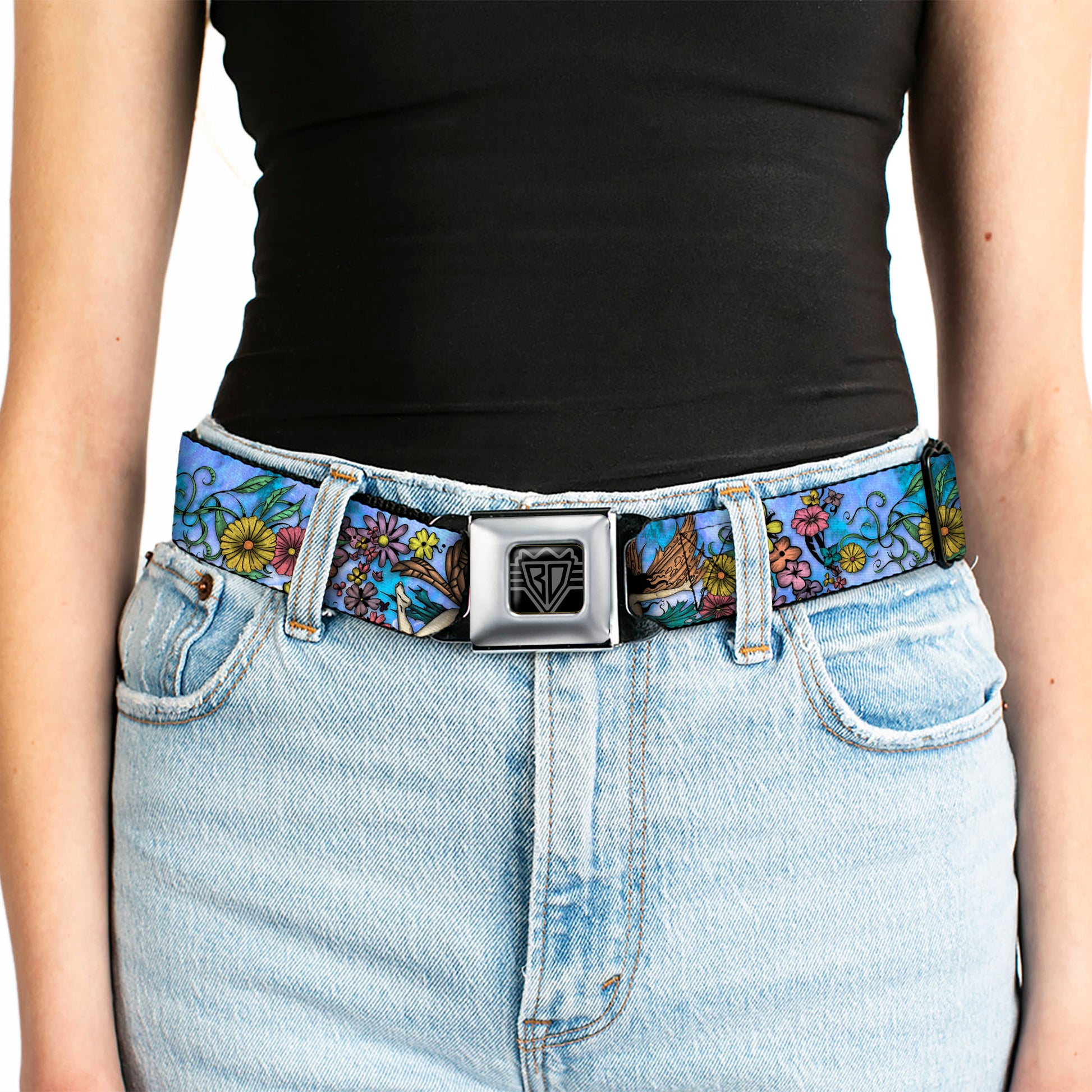 BD Wings Logo CLOSE-UP Full Color Black Silver Seatbelt Belt - TJ-Flower Fairy Webbing Seatbelt Belts Tattoo Johnny