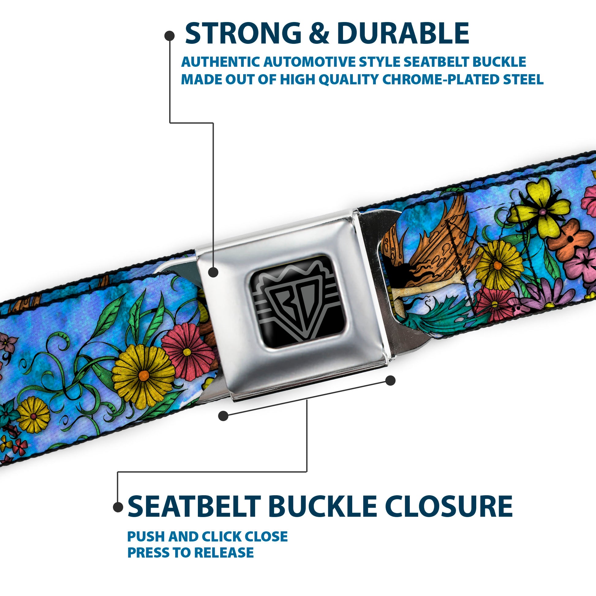 BD Wings Logo CLOSE-UP Full Color Black Silver Seatbelt Belt - TJ-Flower Fairy Webbing Seatbelt Belts Tattoo Johnny