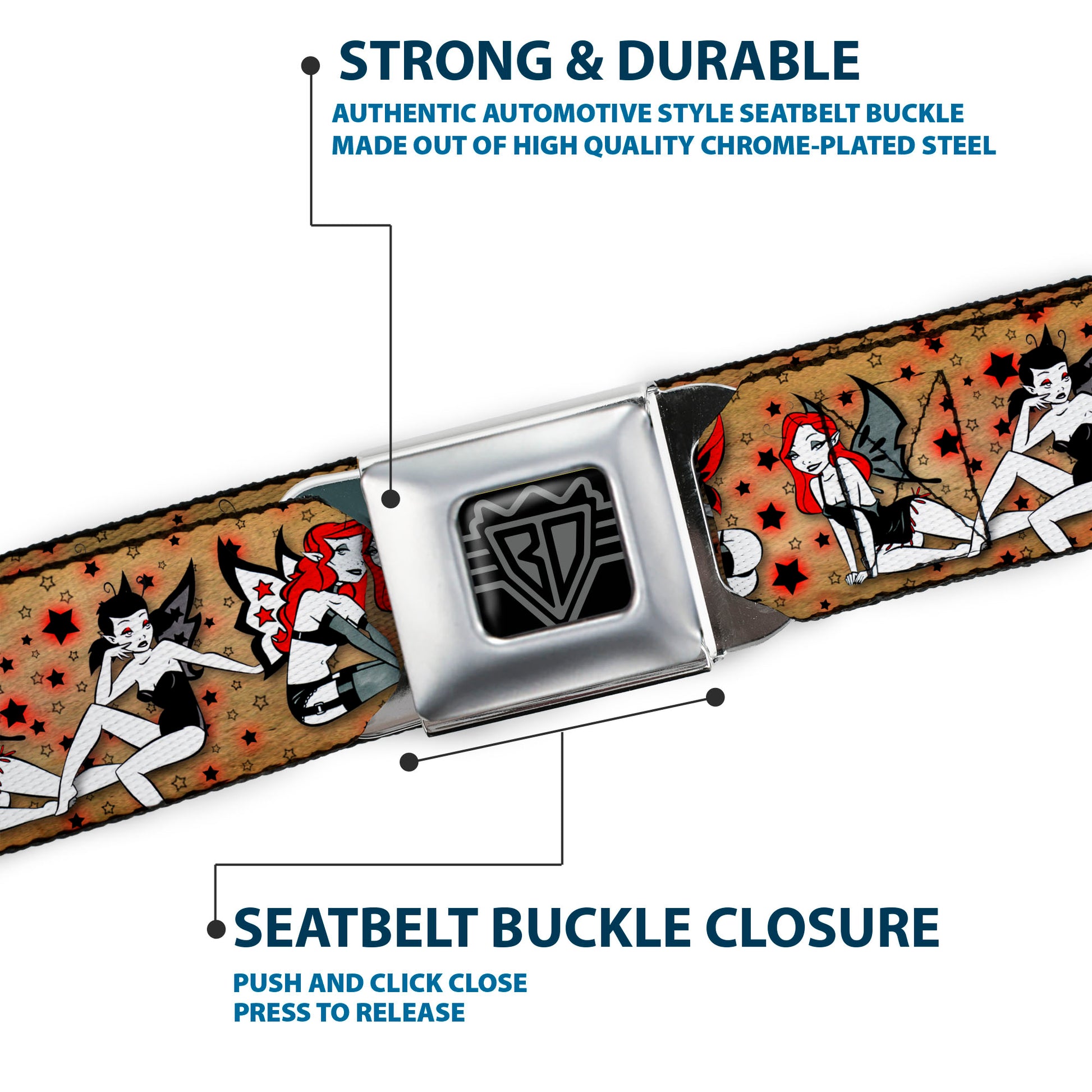 BD Wings Logo CLOSE-UP Full Color Black Silver Seatbelt Belt - TJ-Twisted Fairies Webbing Seatbelt Belts Tattoo Johnny