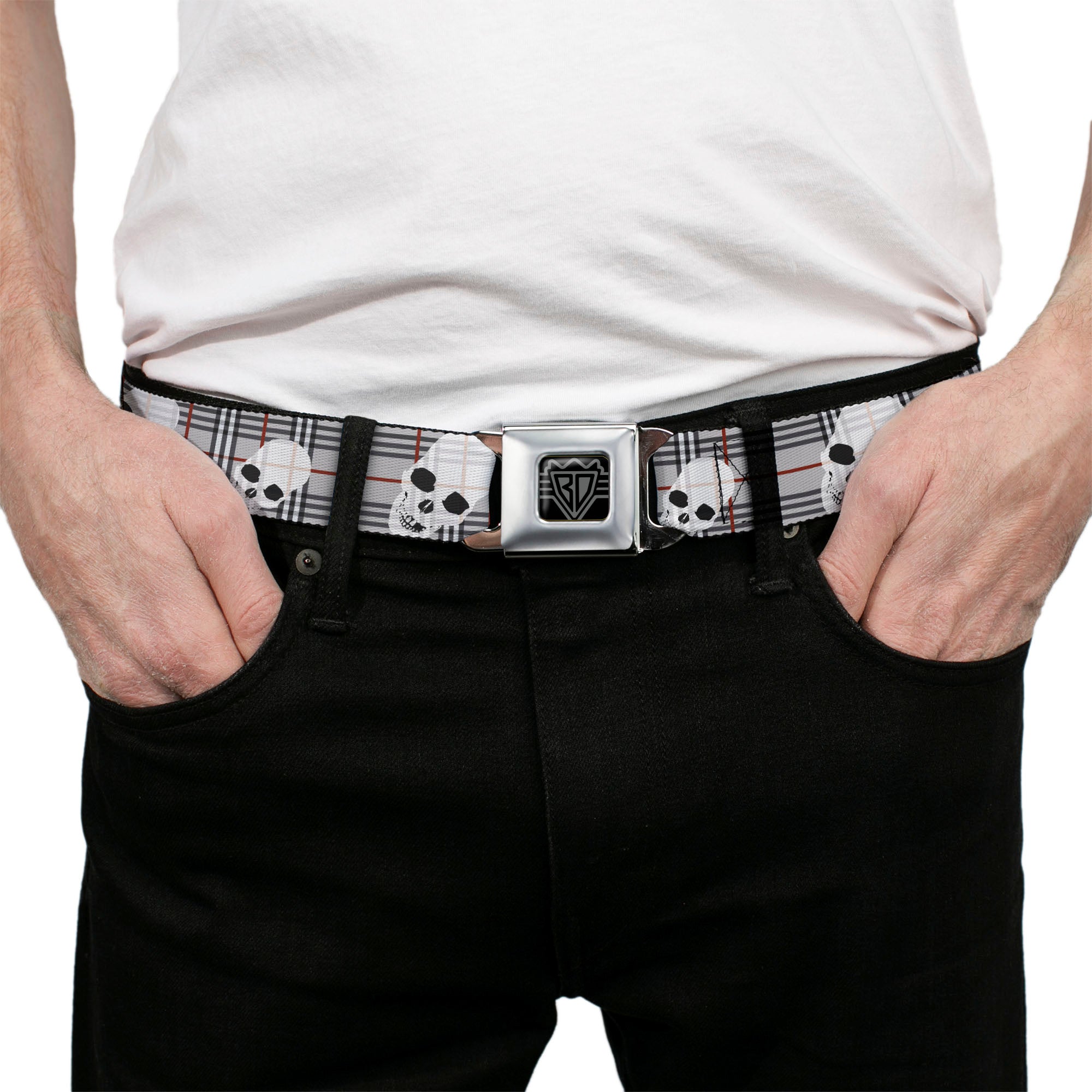 BD Wings Logo CLOSE-UP Full Color Black Silver Seatbelt Belt - Tilted Skulls Plaid Gray Webbing Seatbelt Belts Buckle-Down