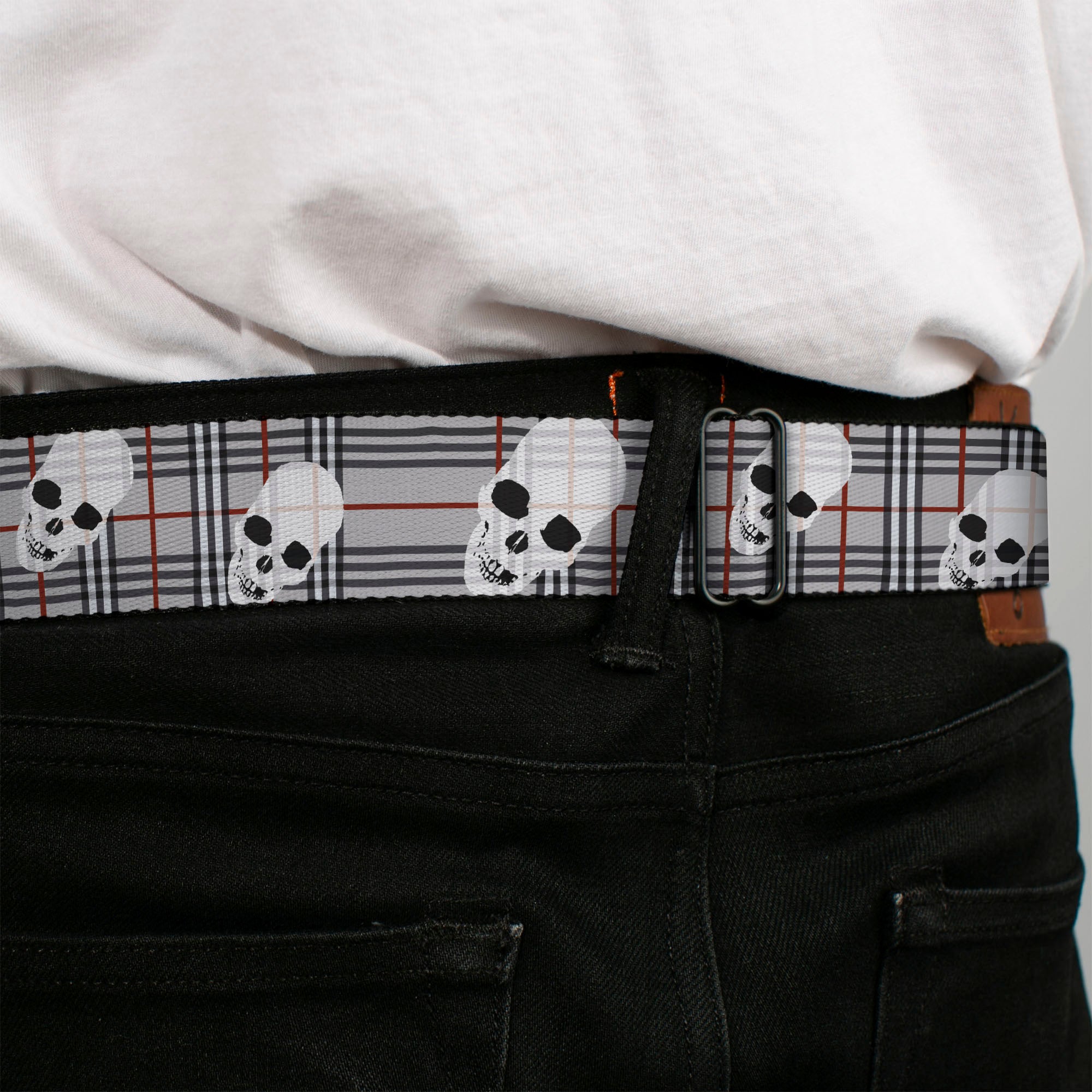 BD Wings Logo CLOSE-UP Full Color Black Silver Seatbelt Belt - Tilted Skulls Plaid Gray Webbing Seatbelt Belts Buckle-Down