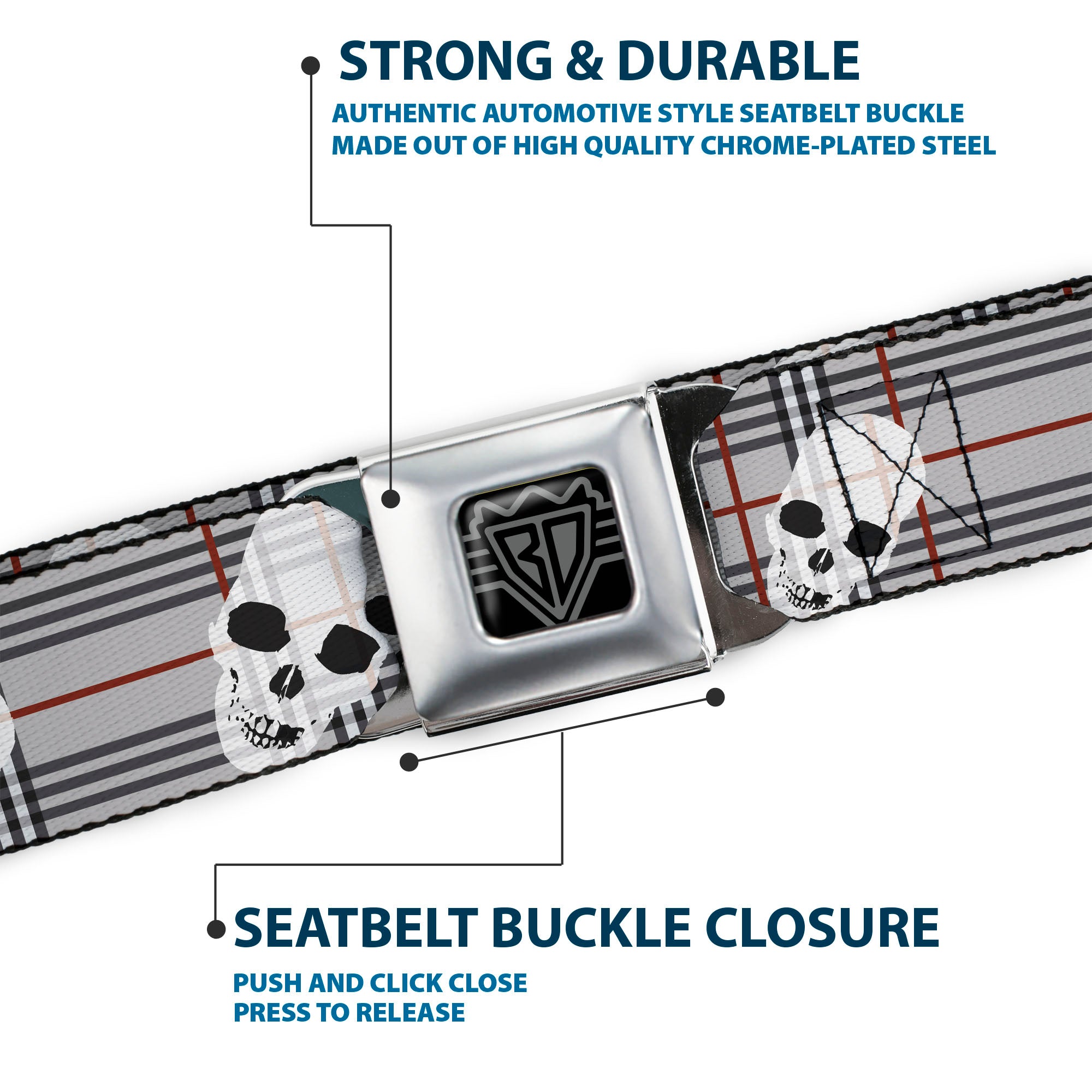 BD Wings Logo CLOSE-UP Full Color Black Silver Seatbelt Belt - Tilted Skulls Plaid Gray Webbing Seatbelt Belts Buckle-Down